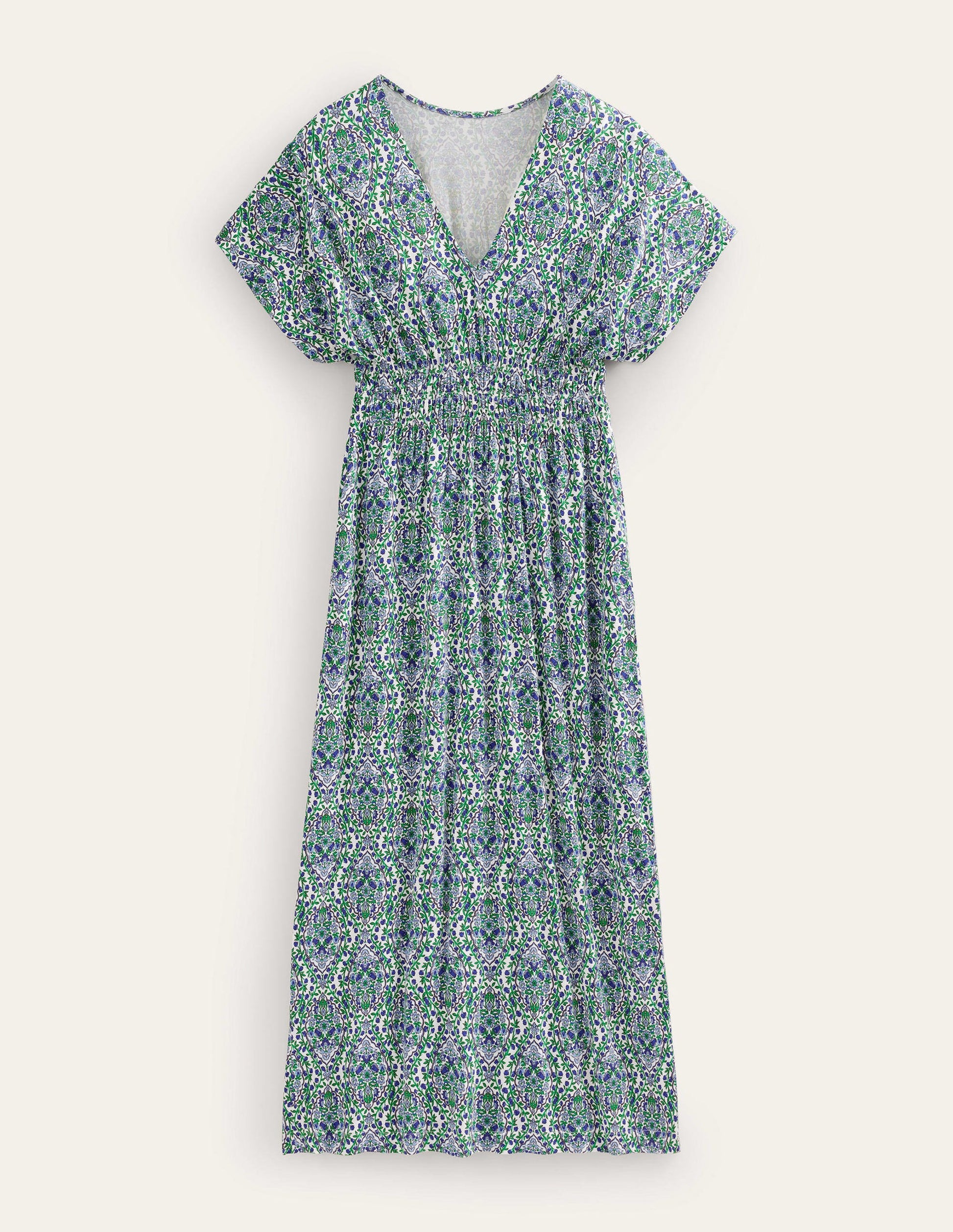 Jersey-Maxikleid mit gesmokter Taille-Flachsblau, Weinranken-6