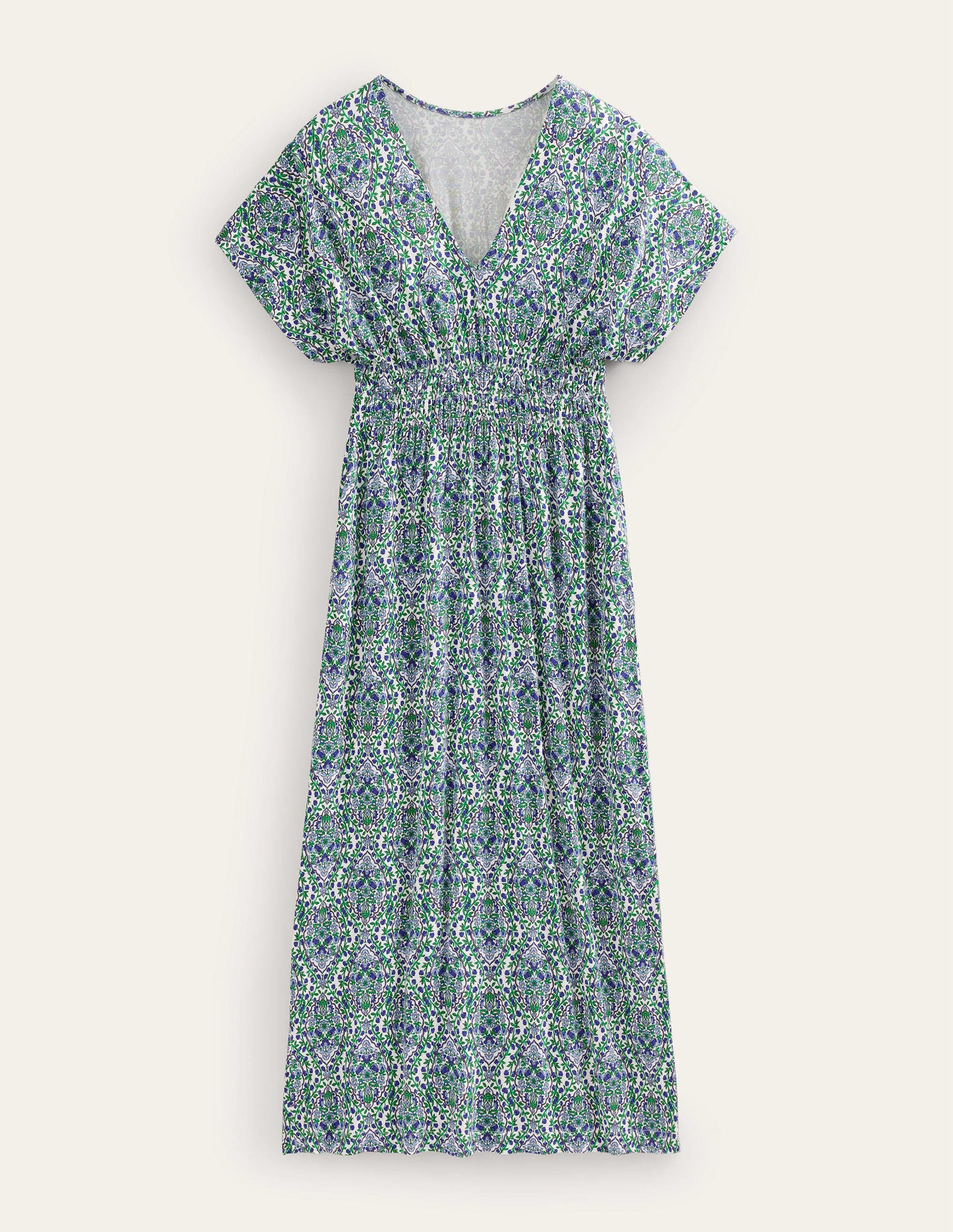 Jersey-Maxikleid mit gesmokter Taille-Flachsblau, Weinranken - Image 6