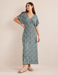 Jersey-Maxikleid mit gesmokter Taille-Flachsblau, Weinranken