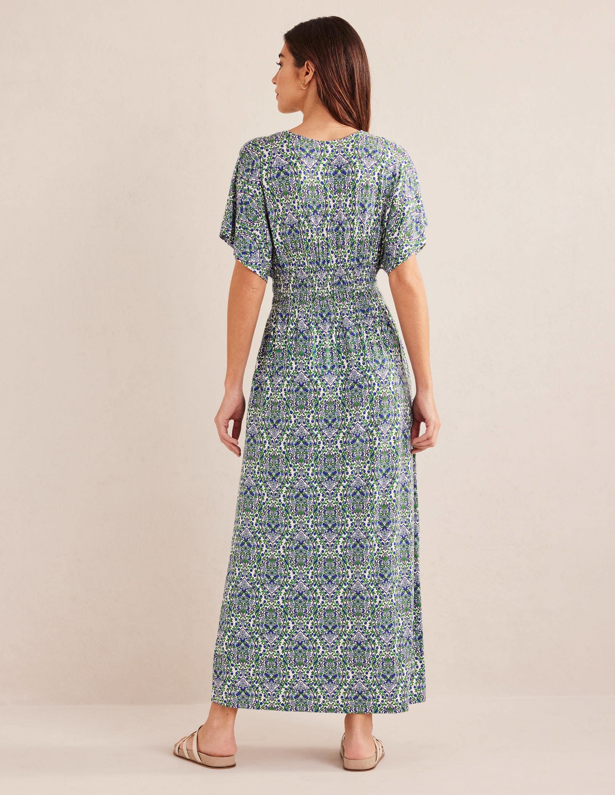 Jersey-Maxikleid mit gesmokter Taille-Flachsblau, Weinranken - Image 3