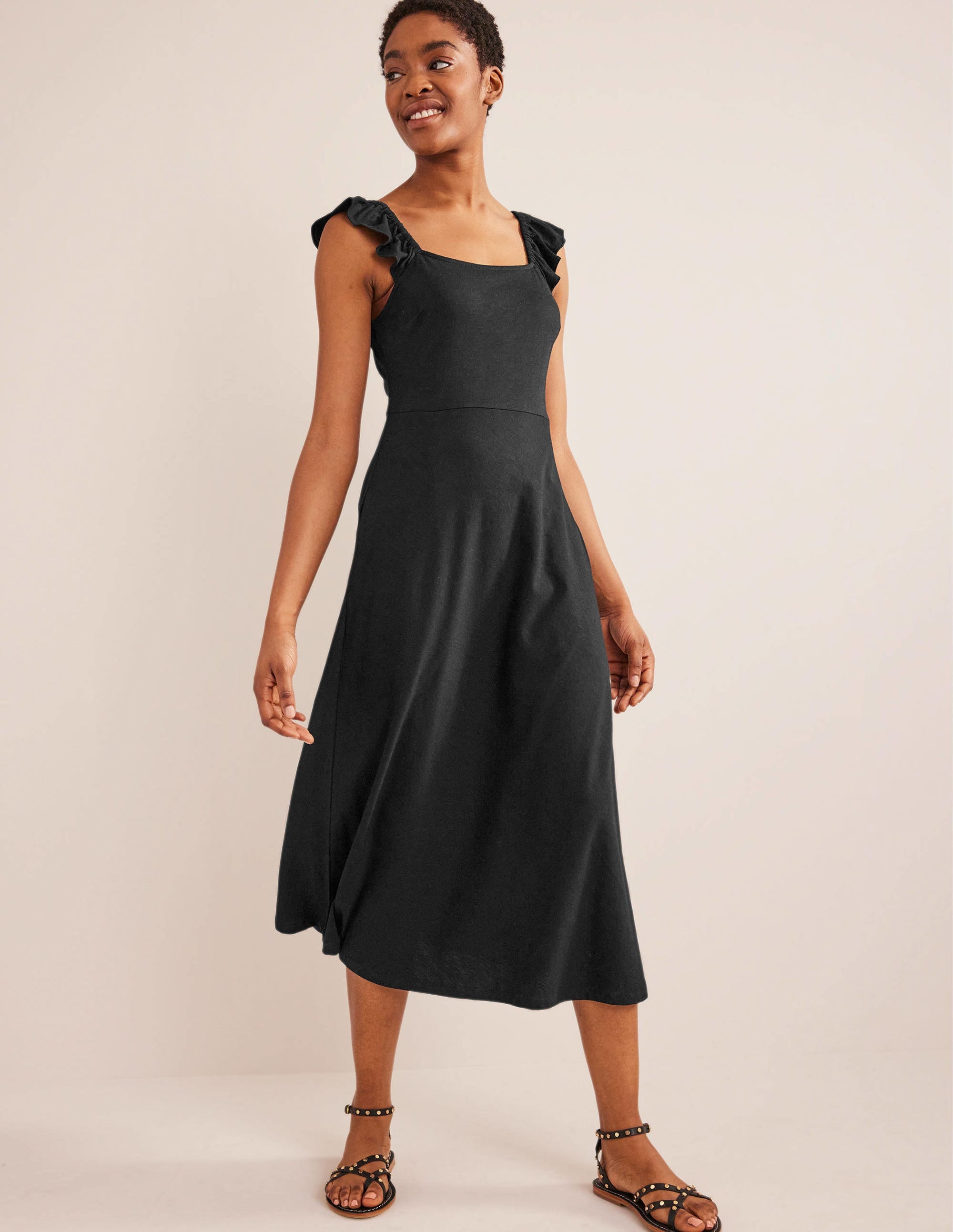 Robe midi volantée en jersey-Noir - Image 1