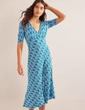 Robe midi style 40s Rebecca en jersey-Bleu sarcelle cristallin, motif Sweet Paisley