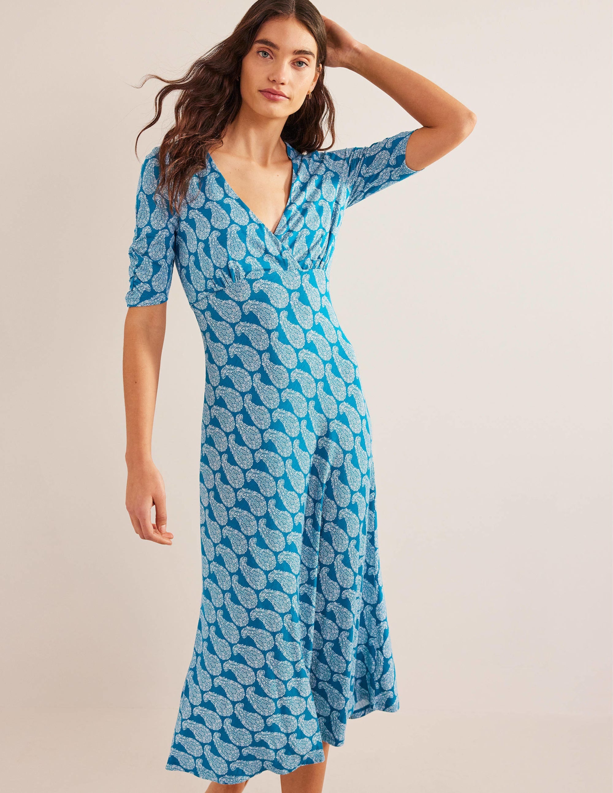 Robe midi style 40s Rebecca en jersey-Bleu sarcelle cristallin, motif Sweet Paisley - Image 1