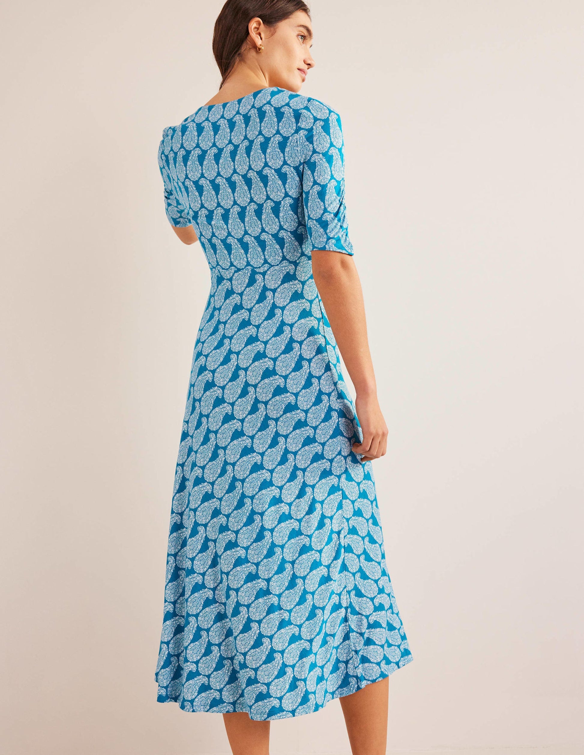 Robe midi style 40s Rebecca en jersey-Bleu sarcelle cristallin, motif Sweet Paisley-3
