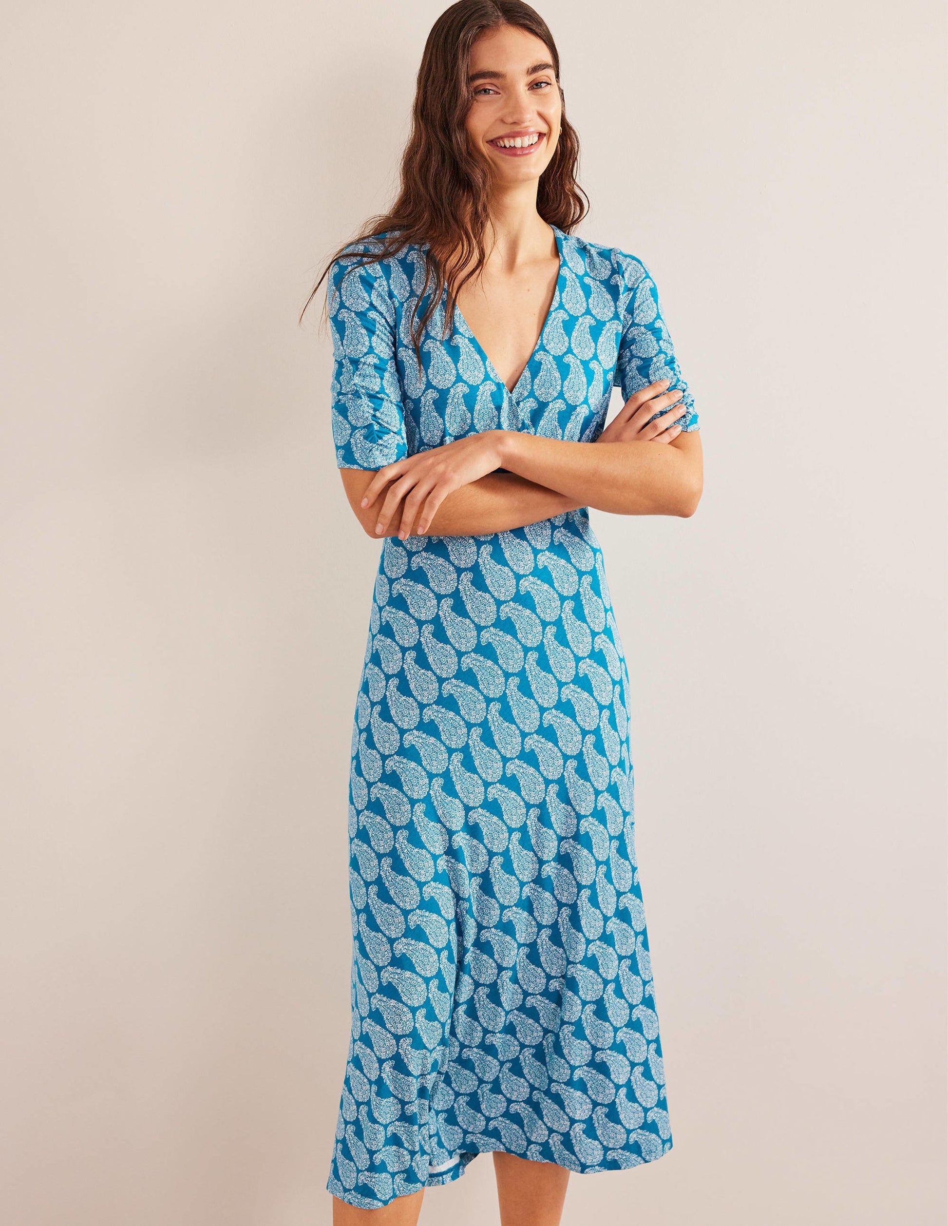 Robe midi style 40s Rebecca en jersey-Bleu sarcelle cristallin, motif Sweet Paisley-4