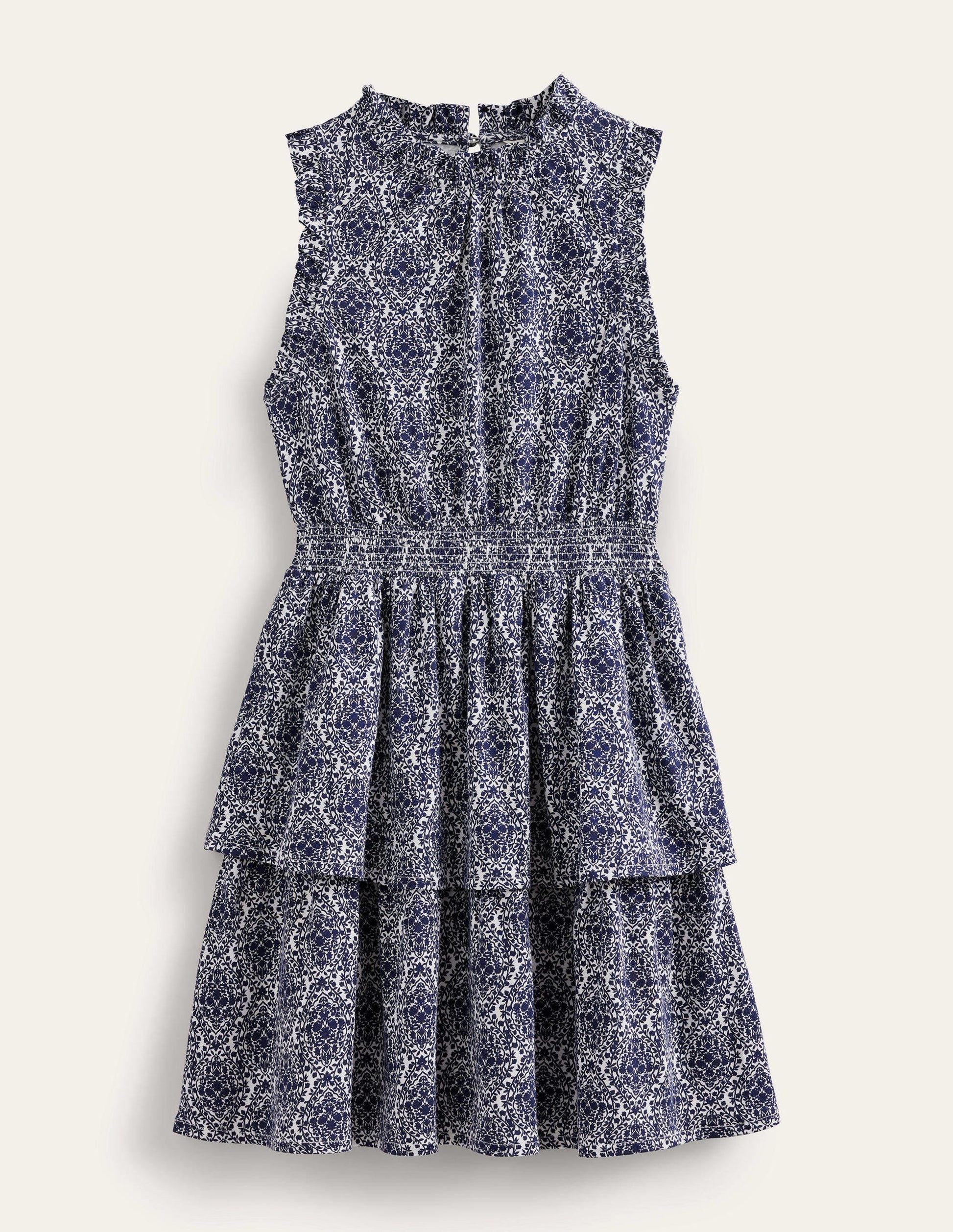 Mini-robe en jersey à volants-Bleu de Prusse, motif Vine Terrace-5