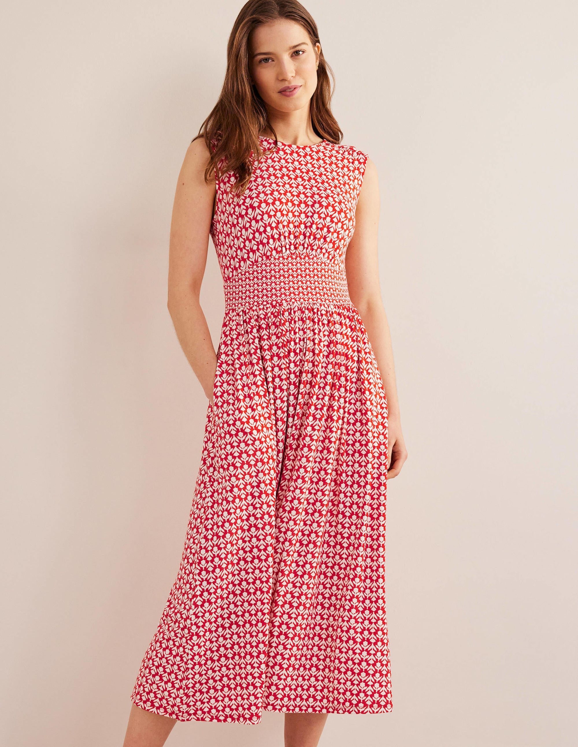 Robe midi Thea sans manches-Vermillon, motif Tulip Pop - Image 1