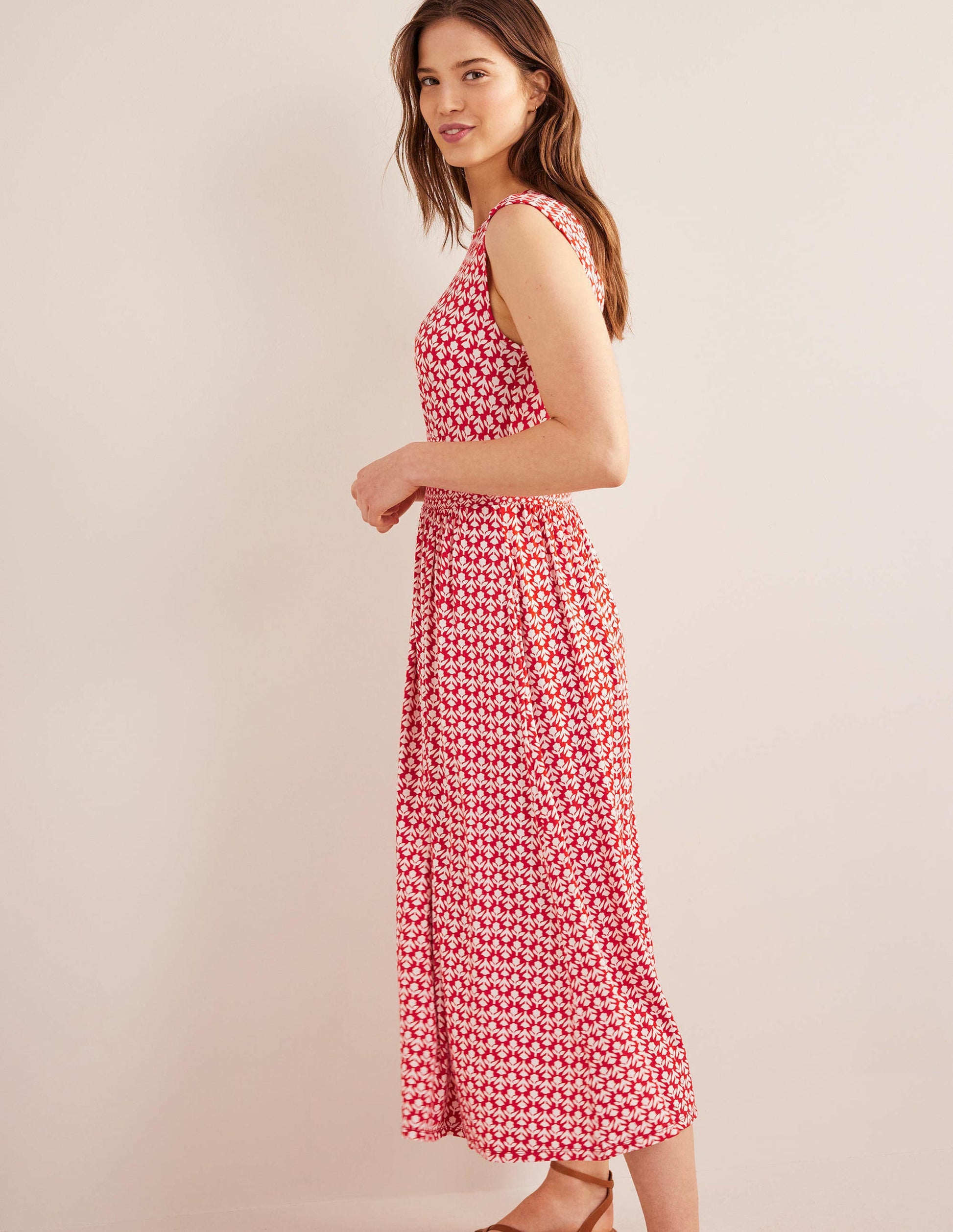 Robe midi Thea sans manches-Vermillon, motif Tulip Pop-4