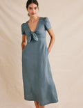 Robe midi nouée sur le devant en lin-Bleu abysse