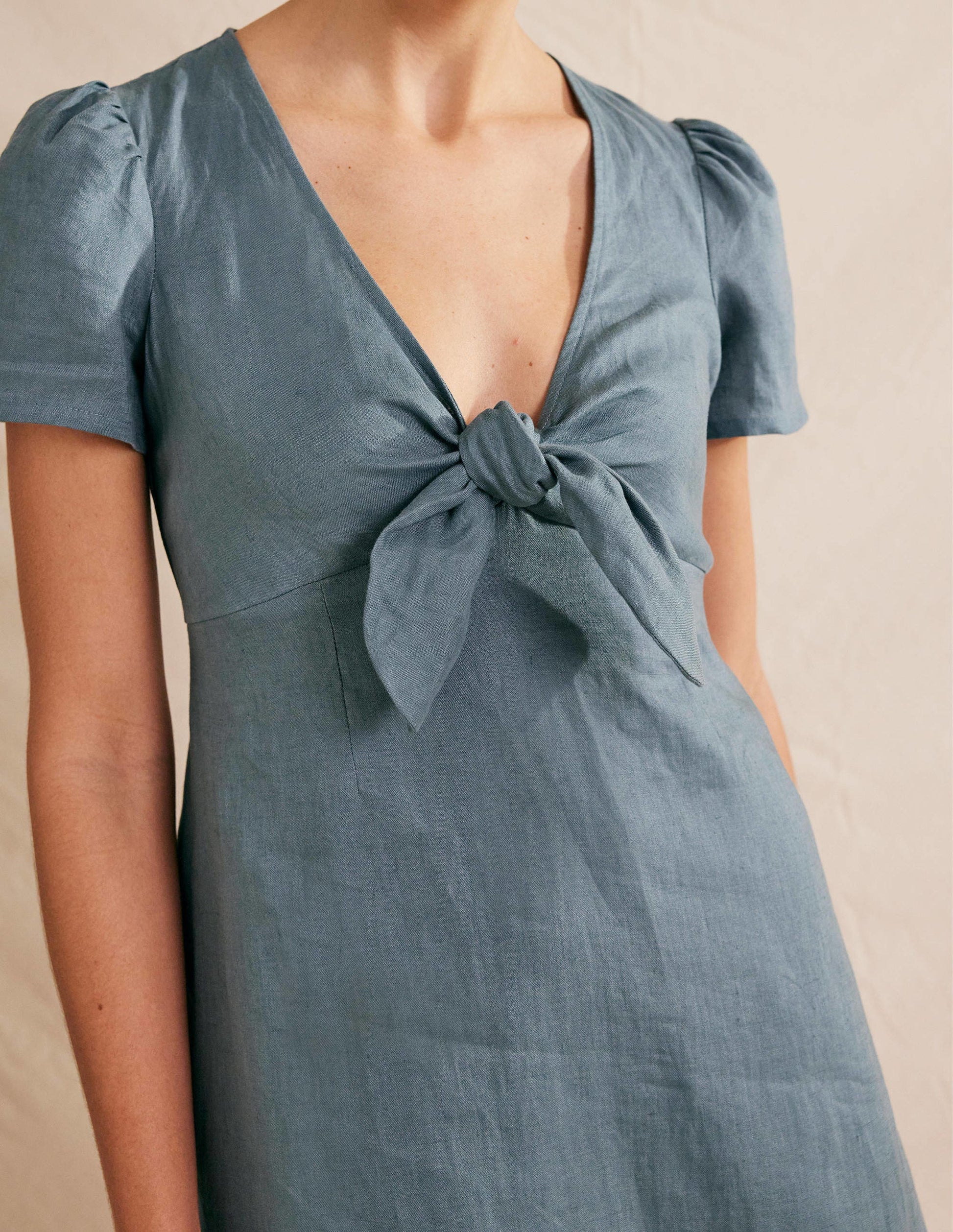 Robe midi nouée sur le devant en lin-Bleu abysse-2