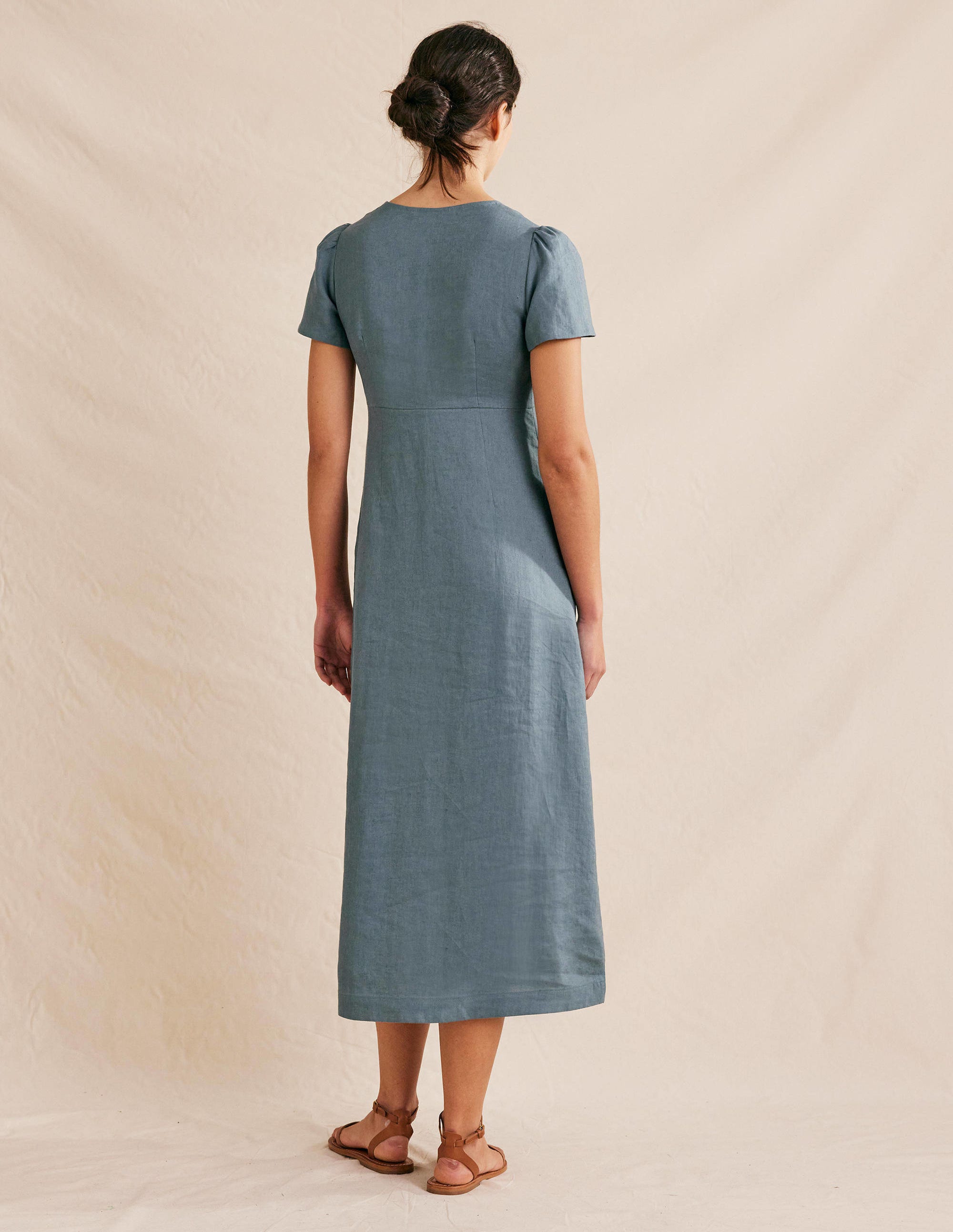 Robe midi nouée sur le devant en lin-Bleu abysse - Image 3