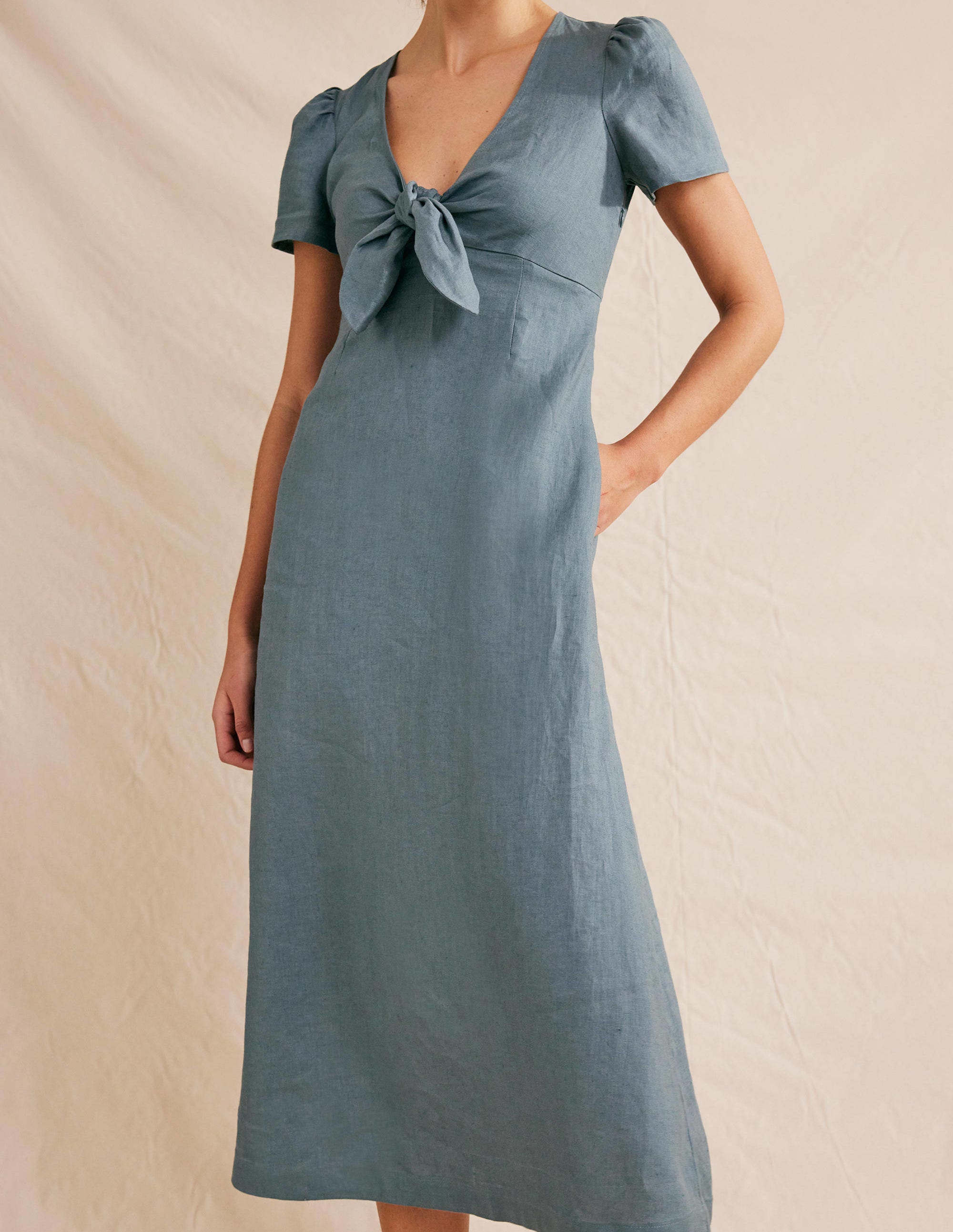Robe midi nouée sur le devant en lin-Bleu abysse - Image 4