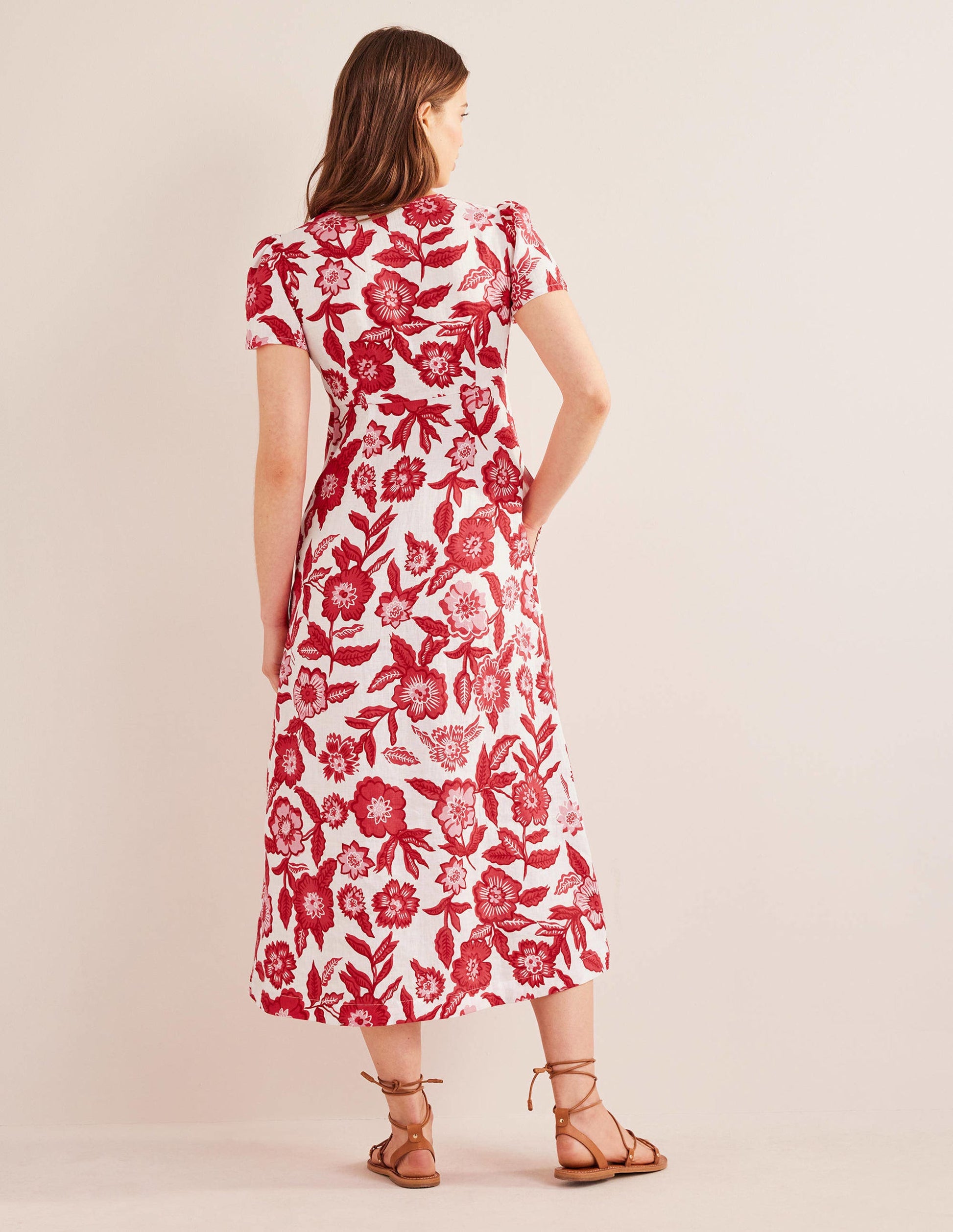 Leinen-Midikleid mit Knotendetail-Knallige Pfingstrose, Stiefmütterchen-3
