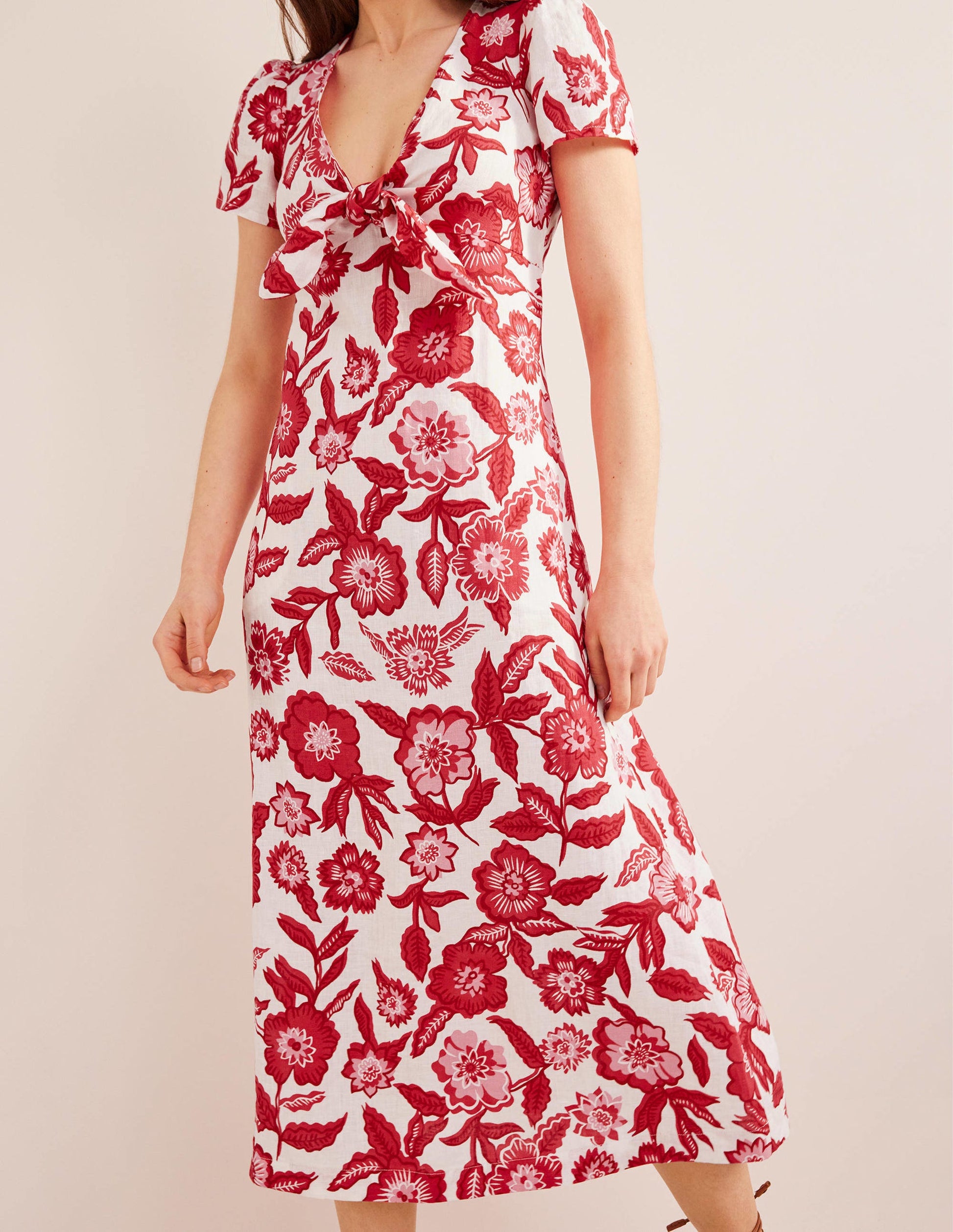 Leinen-Midikleid mit Knotendetail-Knallige Pfingstrose, Stiefmütterchen-4