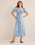 Ruched Bodice Midi Dress-Porcelain Blue, Paisley Bud