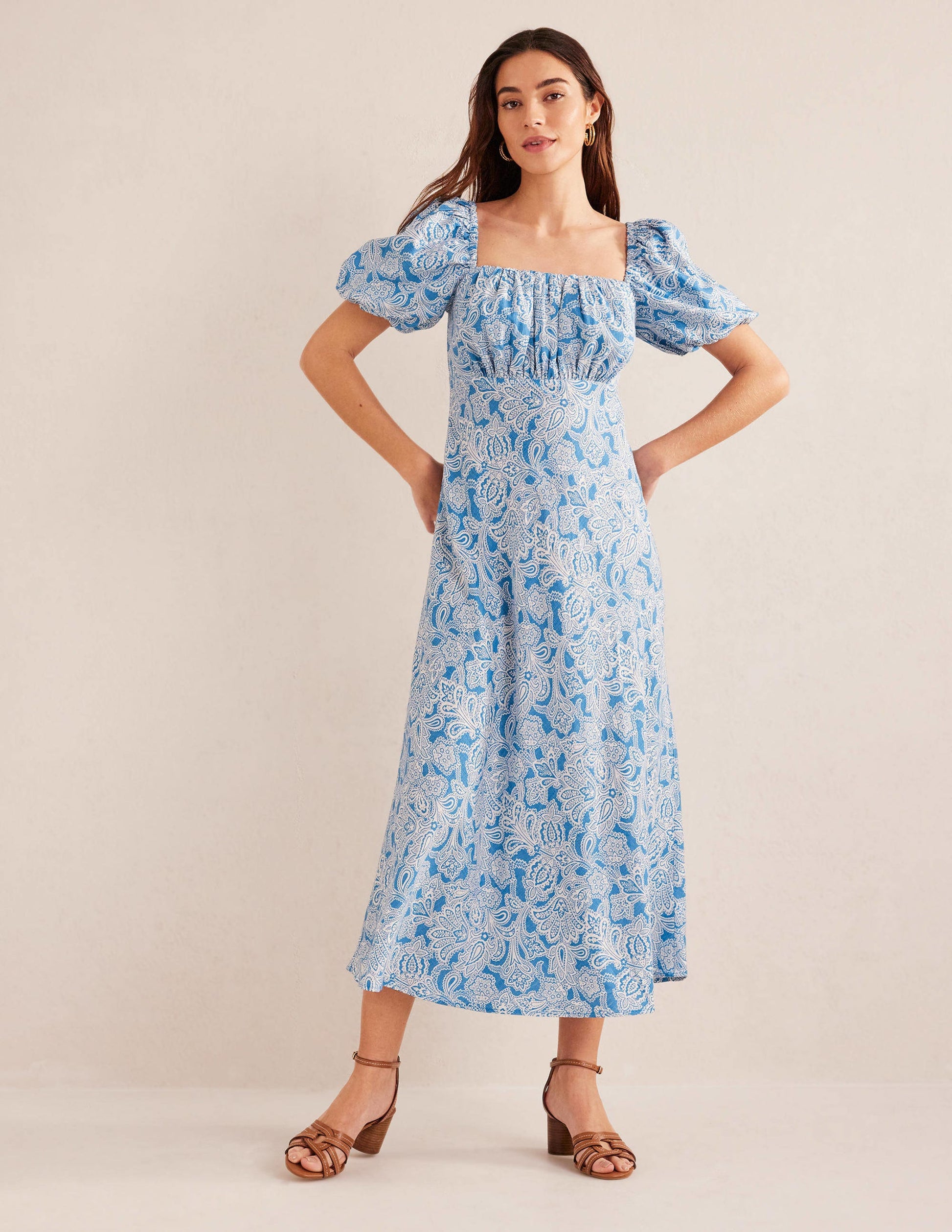 Ruched Bodice Midi Dress-Porcelain Blue, Paisley Bud-1