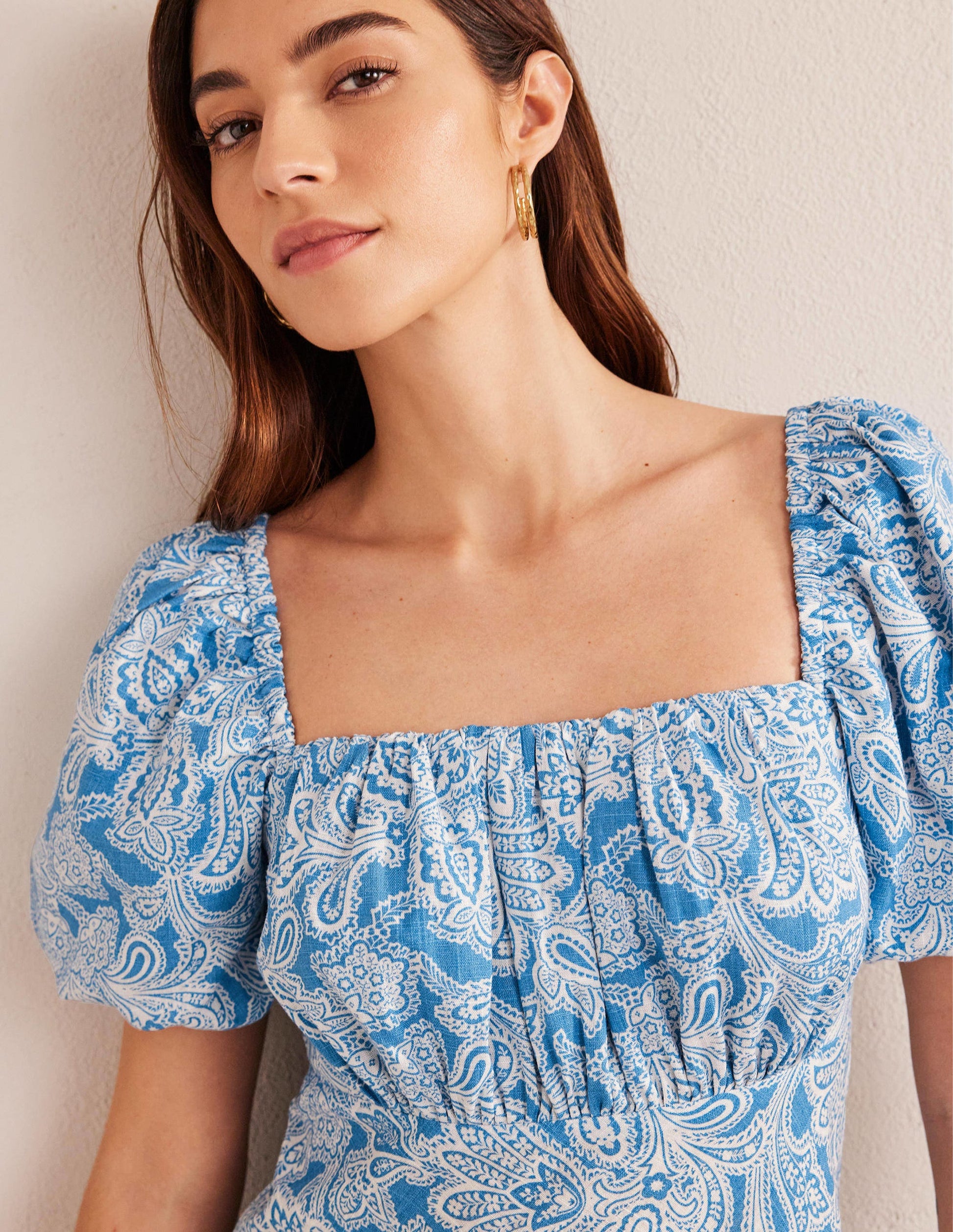 Ruched Bodice Midi Dress-Porcelain Blue, Paisley Bud-2