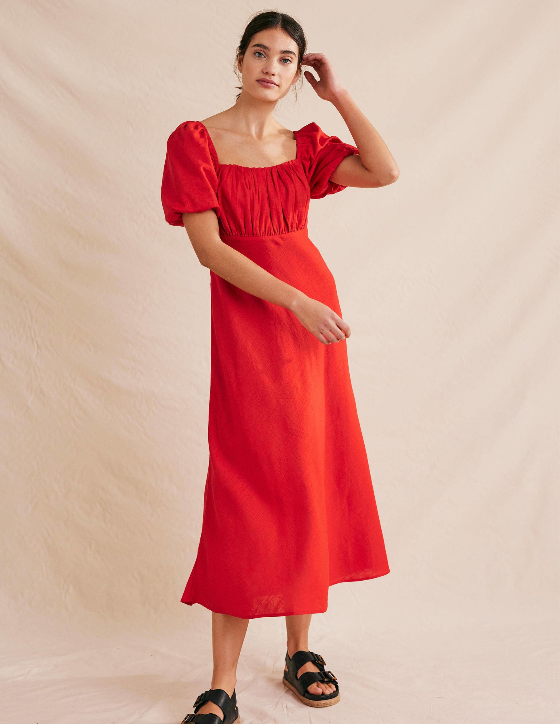 Midikleid mit gerafftem Oberteil-Zinnoberrot-5