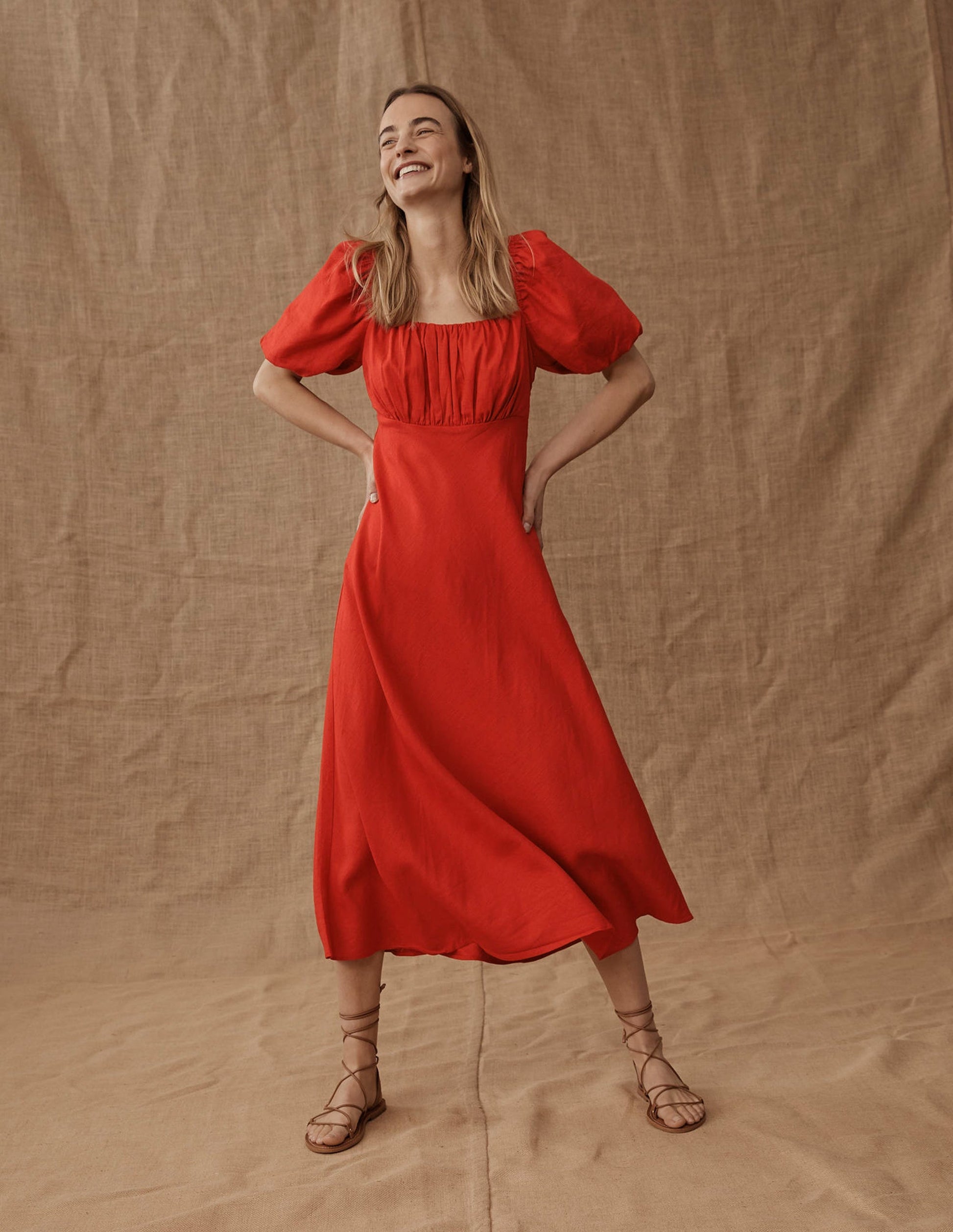 Midikleid mit gerafftem Oberteil-Zinnoberrot-6