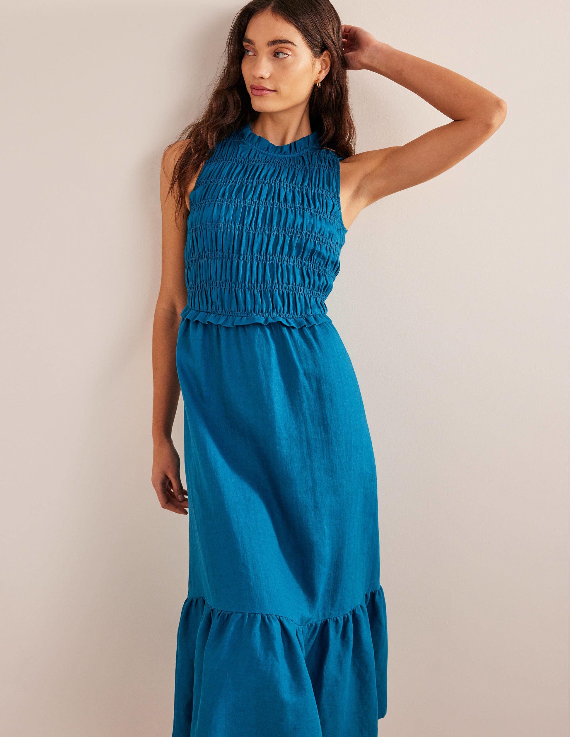 Robe midi en lin à smocks-Bleu sarcelle cristallin-1