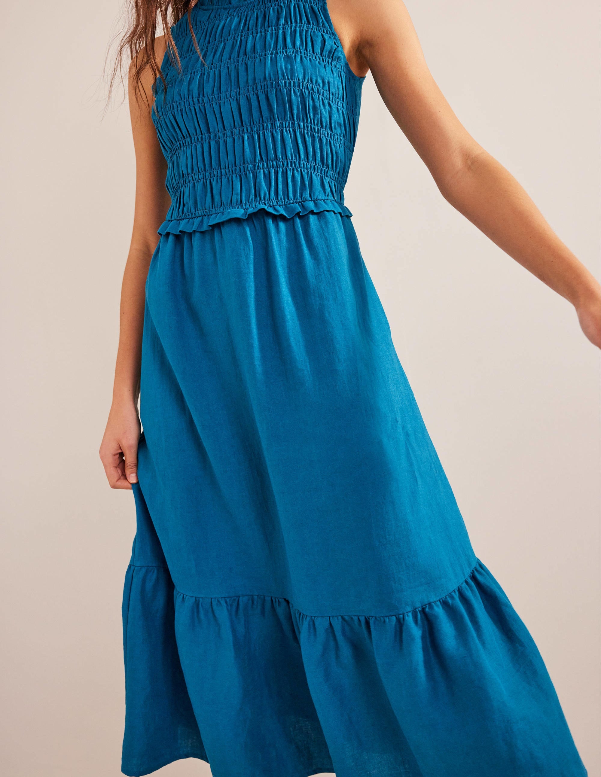 Robe midi en lin à smocks-Bleu sarcelle cristallin - Image 2