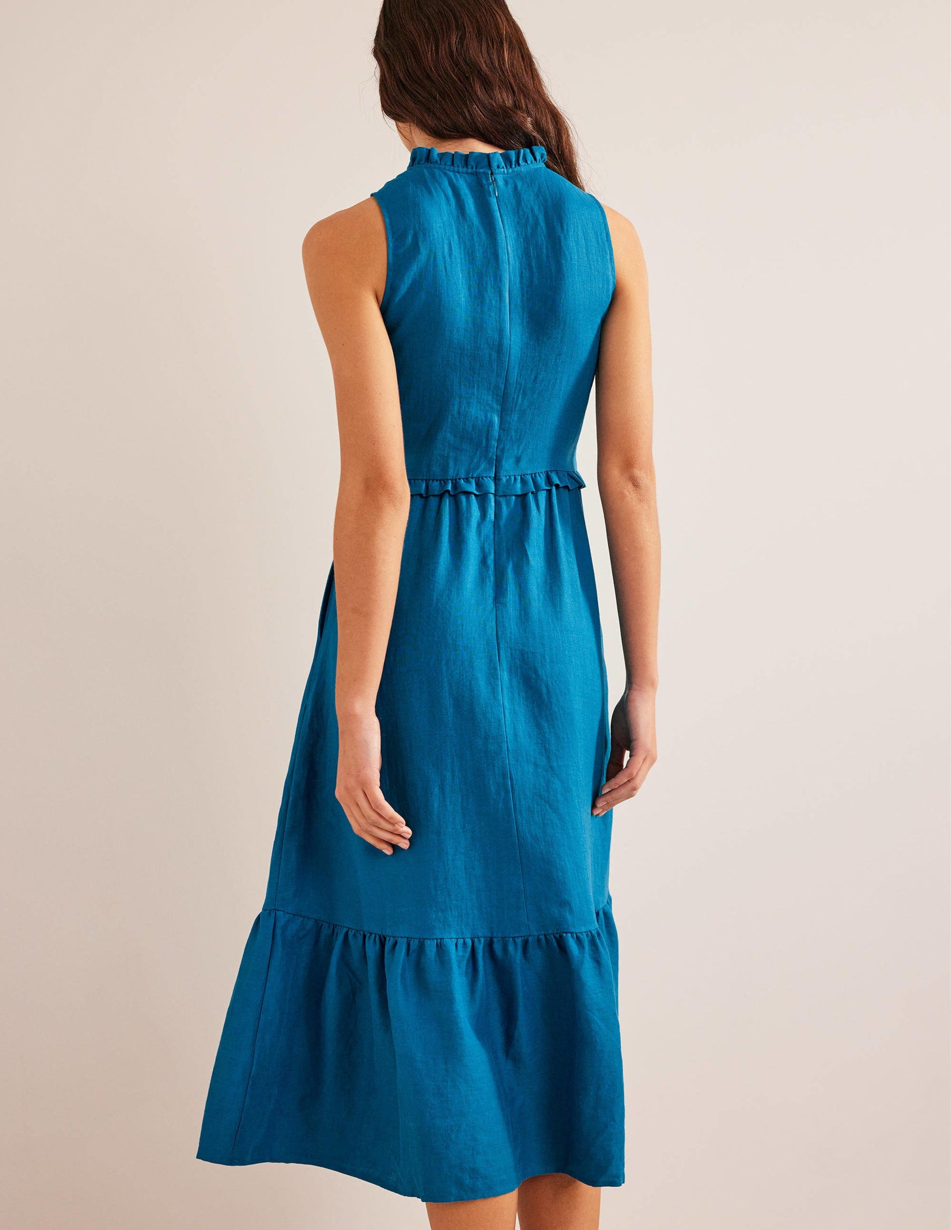Robe midi en lin à smocks-Bleu sarcelle cristallin-3