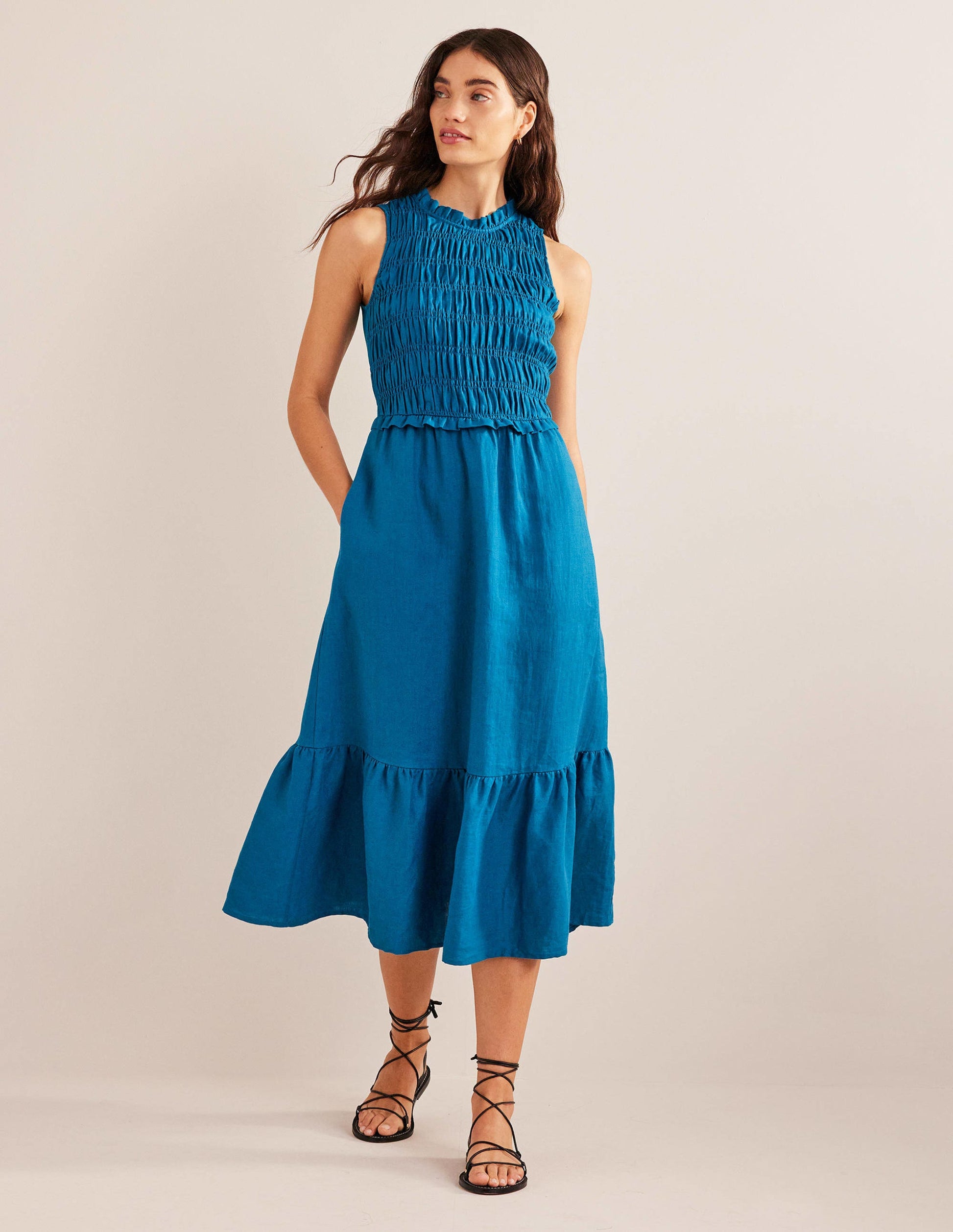 Robe midi en lin à smocks-Bleu sarcelle cristallin-4