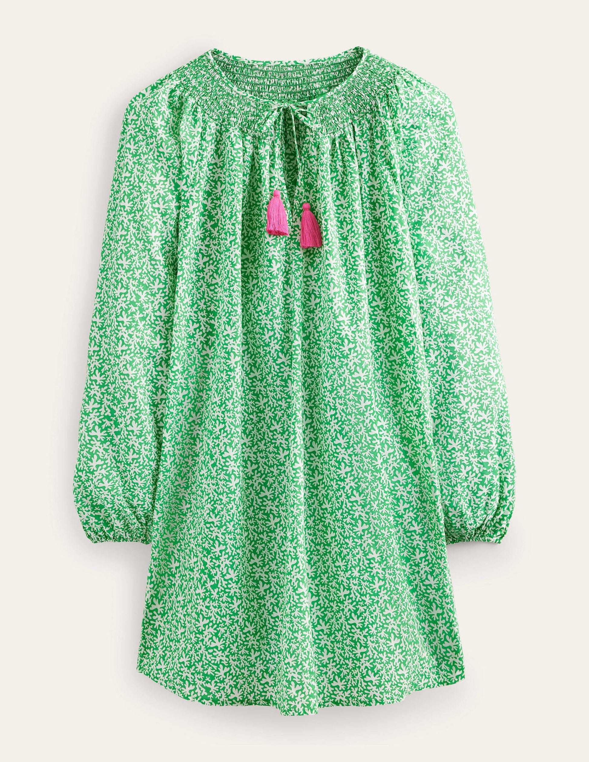 Caftan de plage à col smocké-Vert vif, motif Abstract Foliage-5