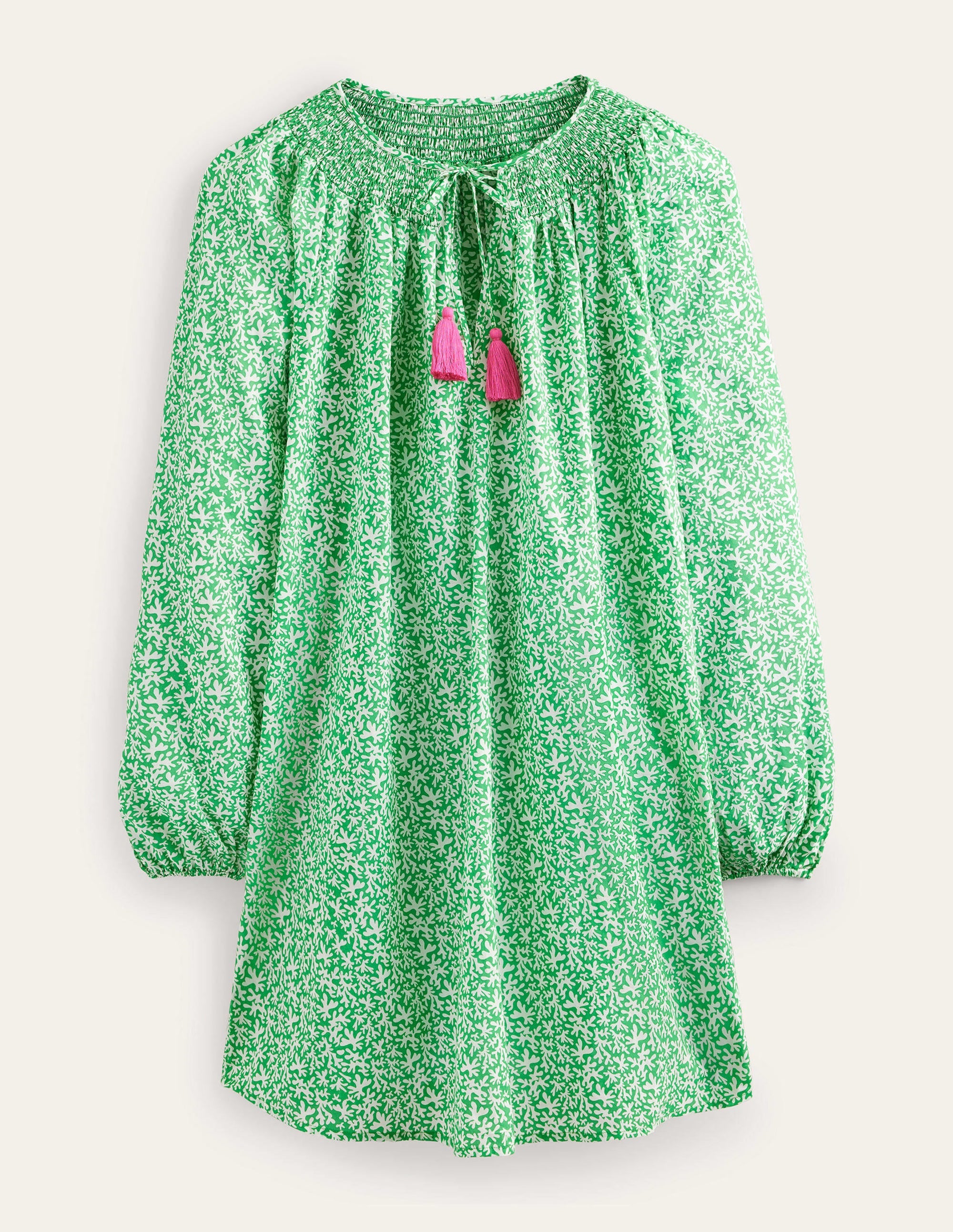 Caftan de plage à col smocké-Vert vif, motif Abstract Foliage - Image 5