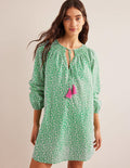 Caftan de plage à col smocké-Vert vif, motif Abstract Foliage