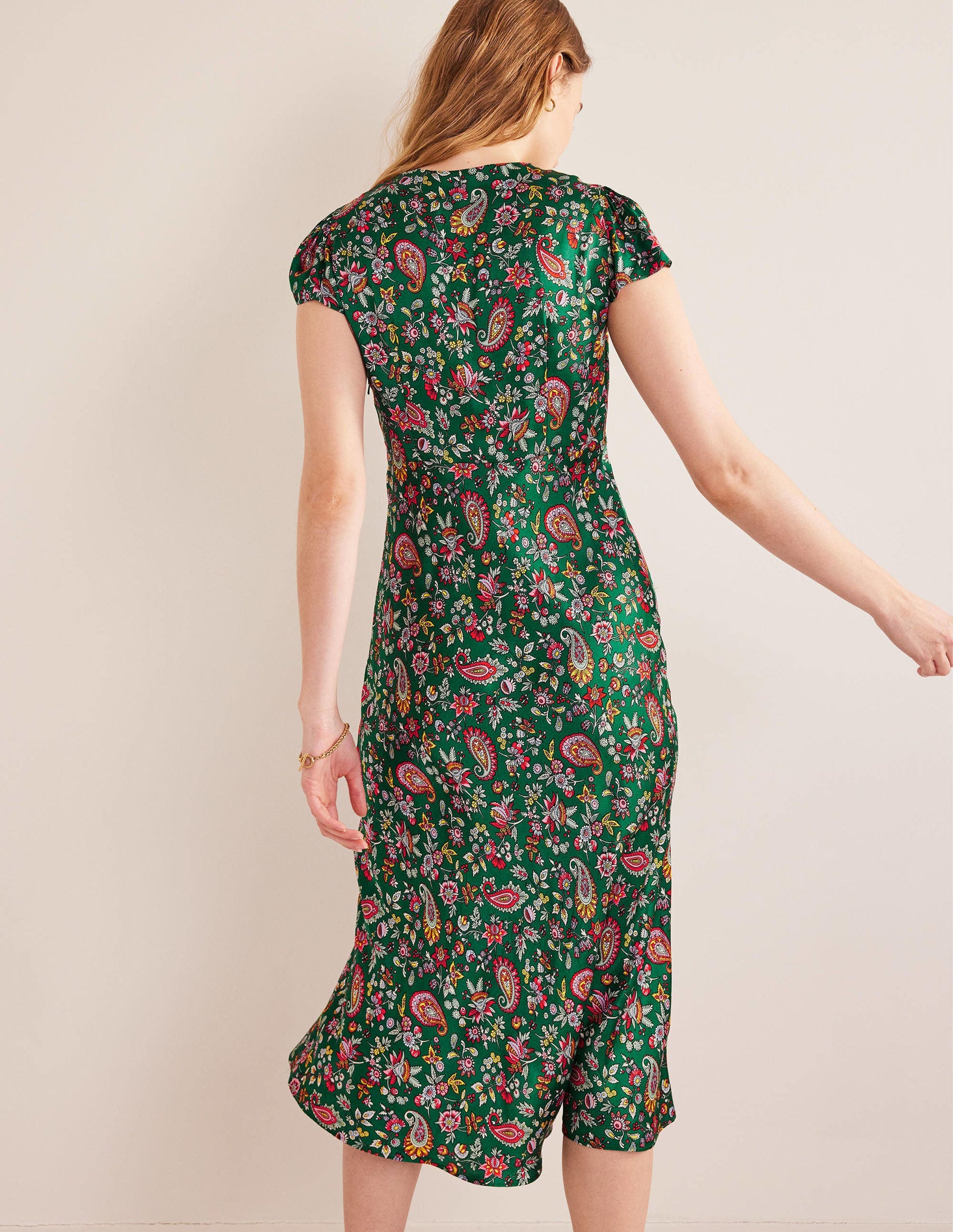 Empire-Midikleid aus Satin-Grün, Löwenzahnmuster-3