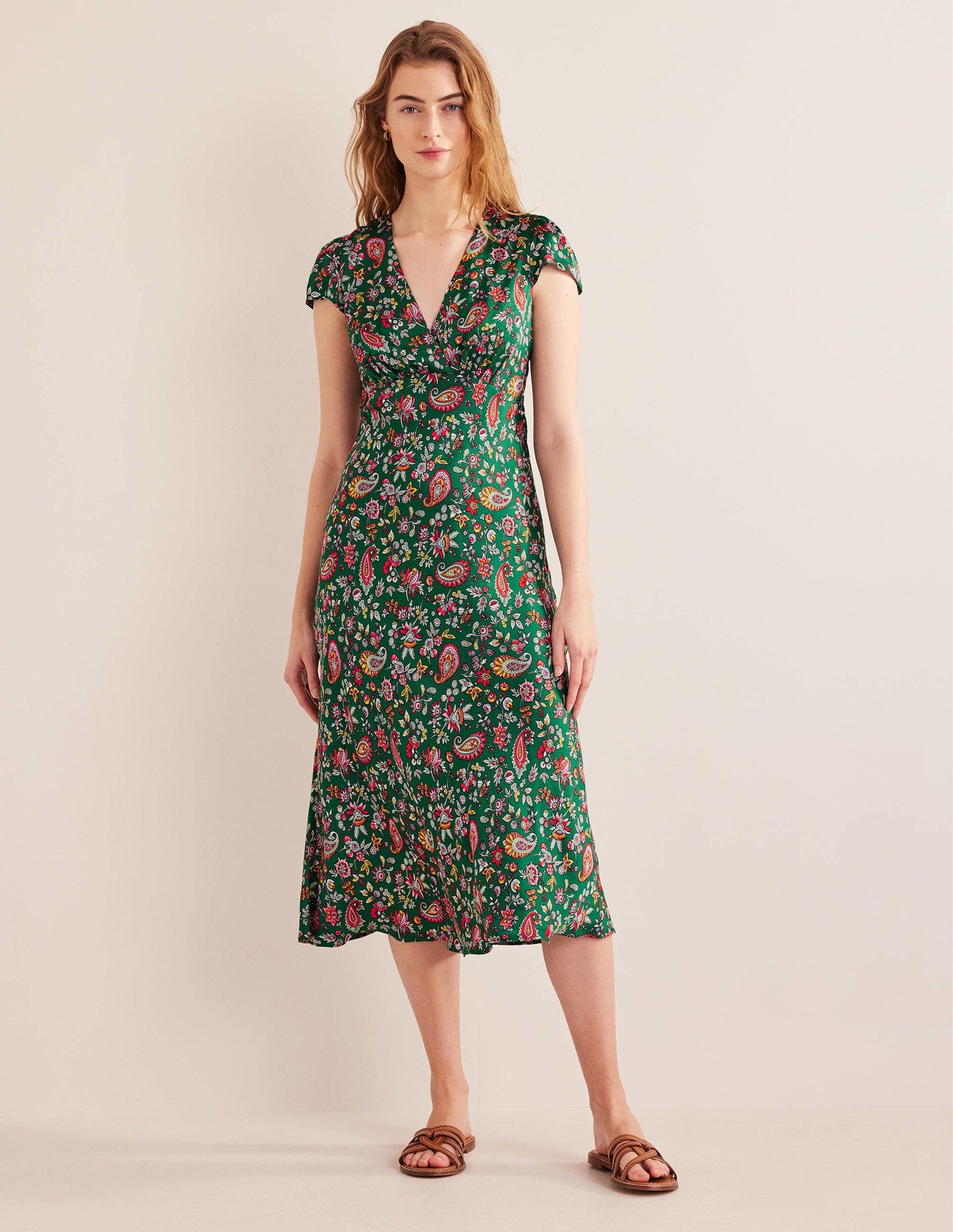Empire-Midikleid aus Satin-Grün, Löwenzahnmuster-4
