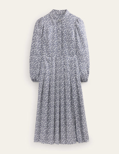 Midi-Hemdblusenkleid mit Plisseerock-Marineblau, Blumenstängel
