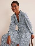 Pleated Skirt Midi Shirt Dress-Navy, Flower Stem