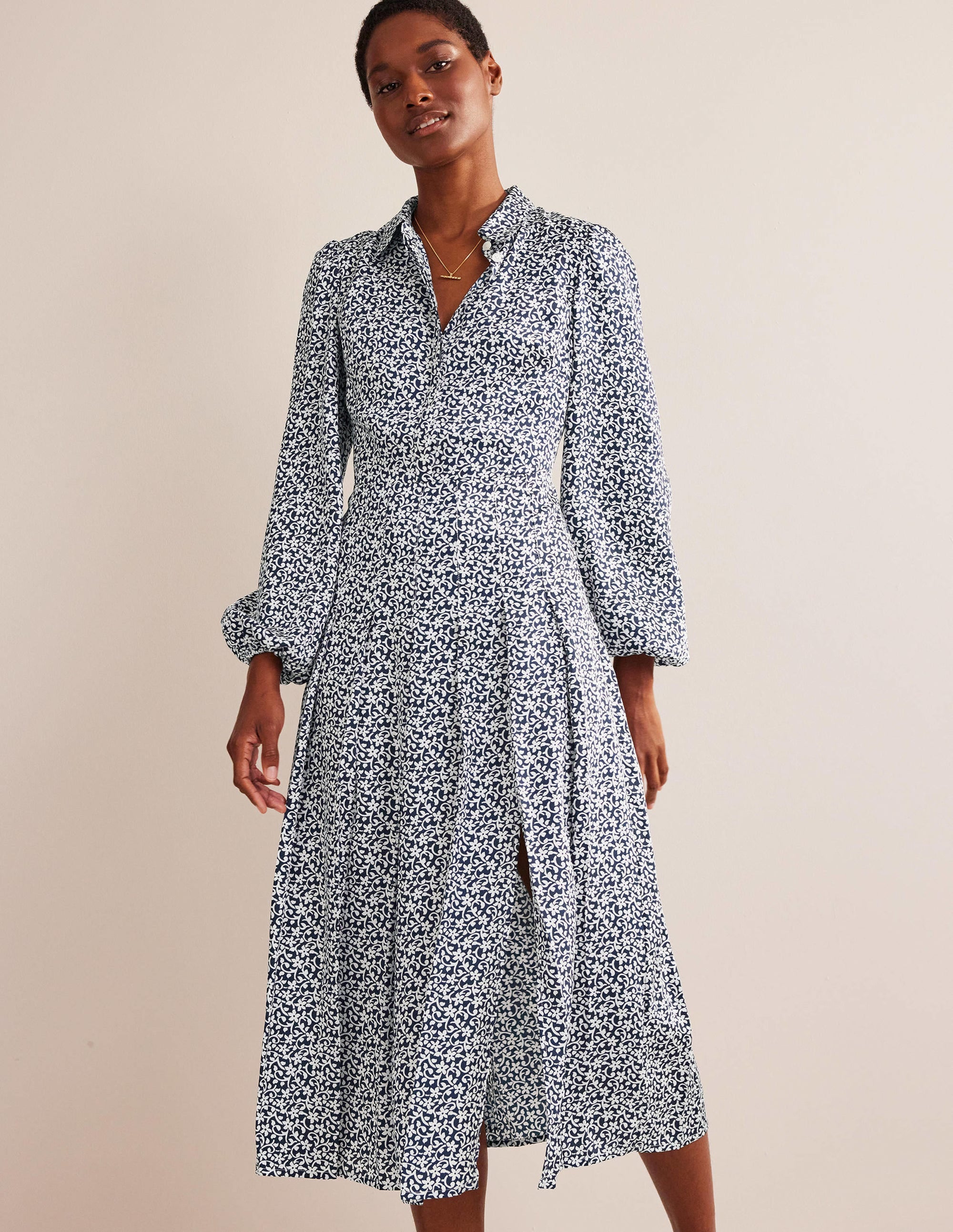 Pleated Skirt Midi Shirt Dress-Navy, Flower Stem - Image 2