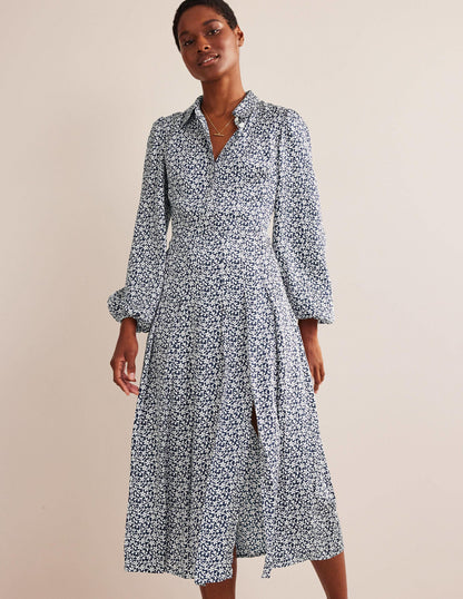 Midi-Hemdblusenkleid mit Plisseerock-Marineblau, Blumenstängel