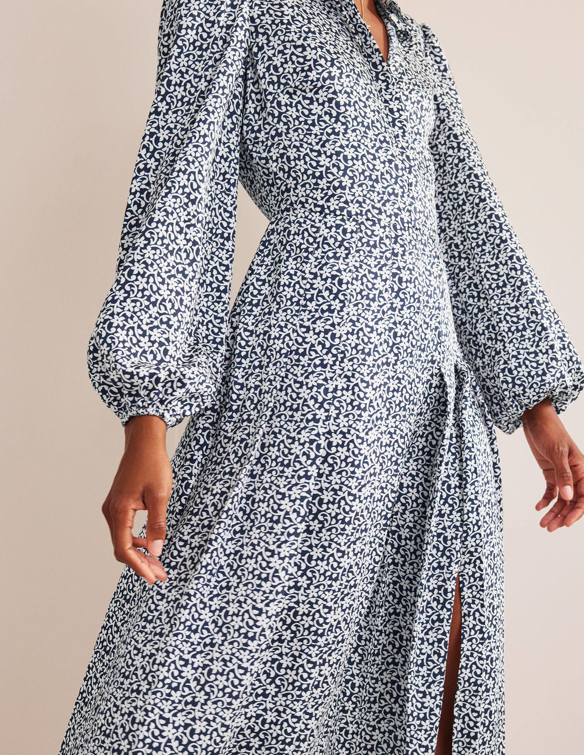 Pleated Skirt Midi Shirt Dress-Navy, Flower Stem - Image 3