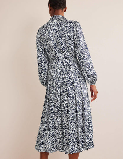 Midi-Hemdblusenkleid mit Plisseerock-Marineblau, Blumenstängel