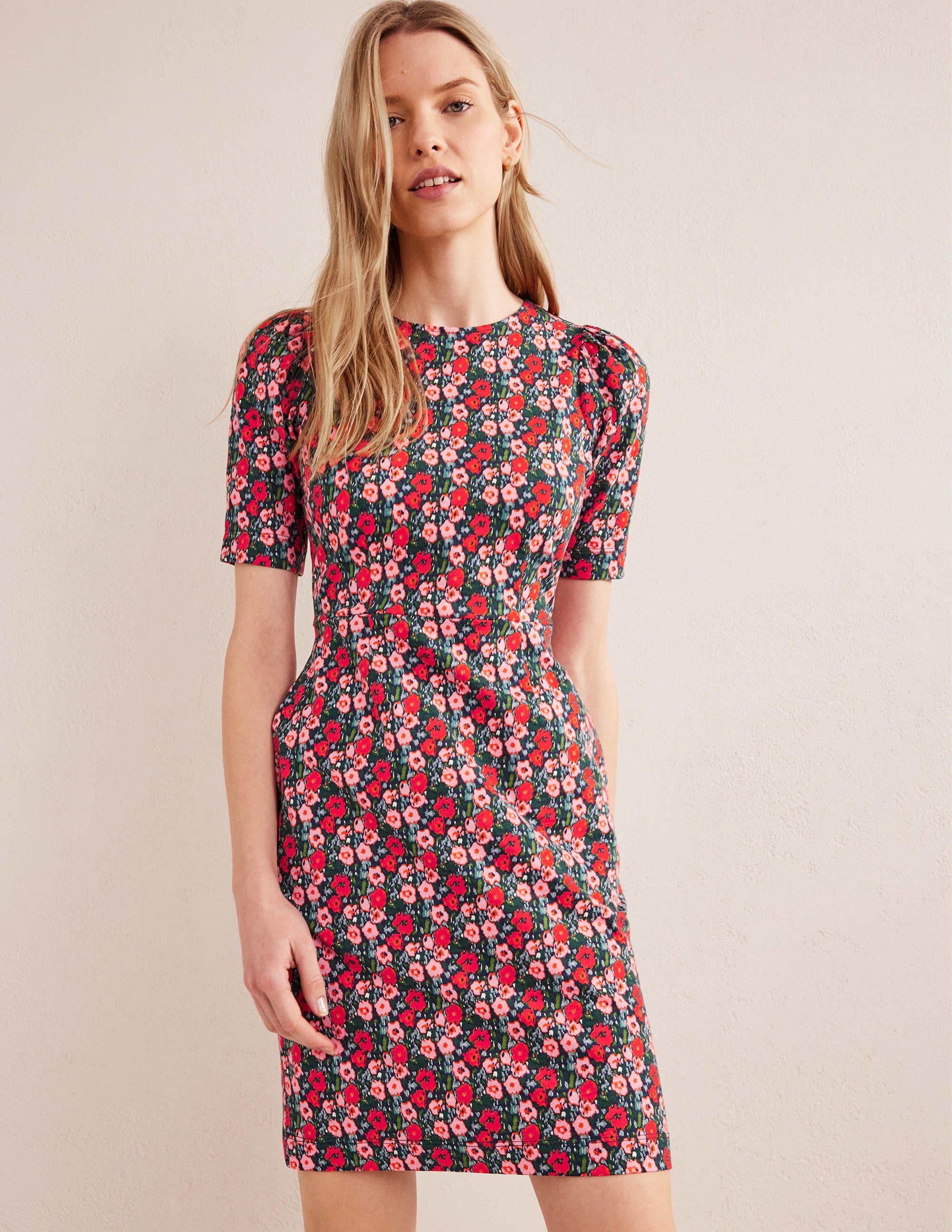Jerseykleid mit Rundhalsausschnitt-Bunt, Abstraktes Mohnblumenmuster - Image 1