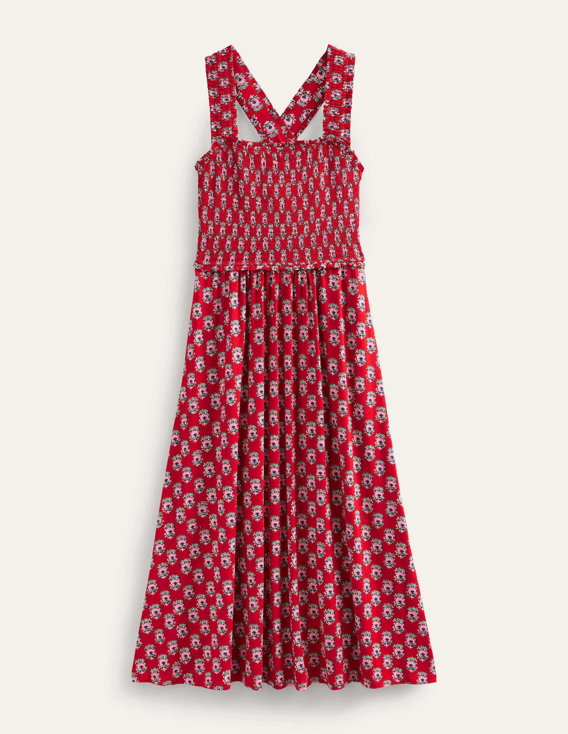 Jersey-Midikleid mit überkreuzten Rückenträgern-Weihnachtssternrot, Filigrane Blümchen-5