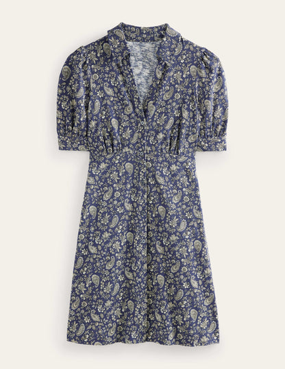 Mini-robe boutonnée style 40s-Bleu marine, motif Dandelion Paisley