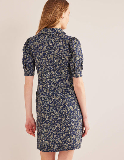 Mini-robe boutonnée style 40s-Bleu marine, motif Dandelion Paisley