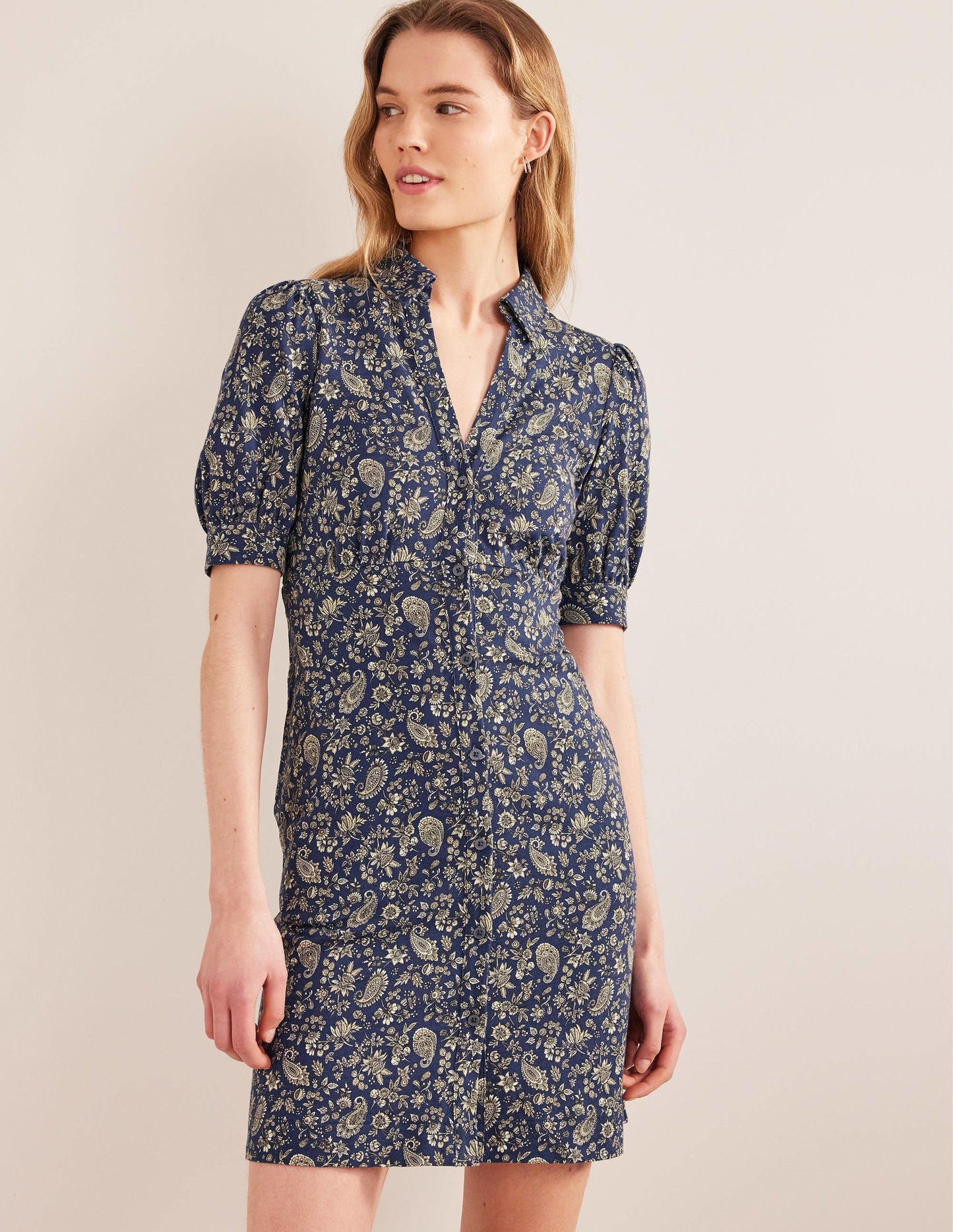 Mini-robe boutonnée style 40s-Bleu marine, motif Dandelion Paisley