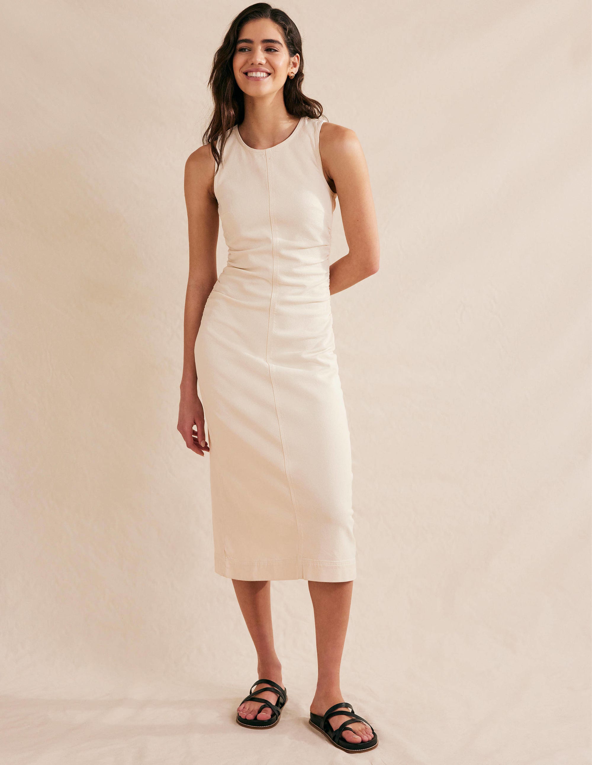 Side Ruched Column Midi Dress-Ecru Denim - Image 1