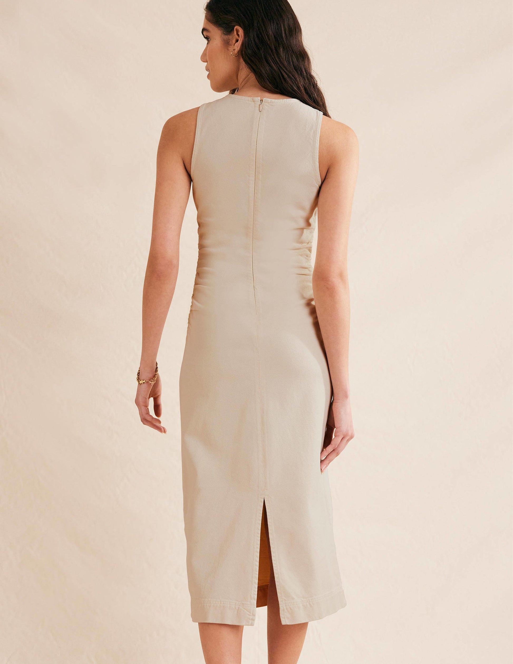 Side Ruched Column Midi Dress-Ecru Denim-3