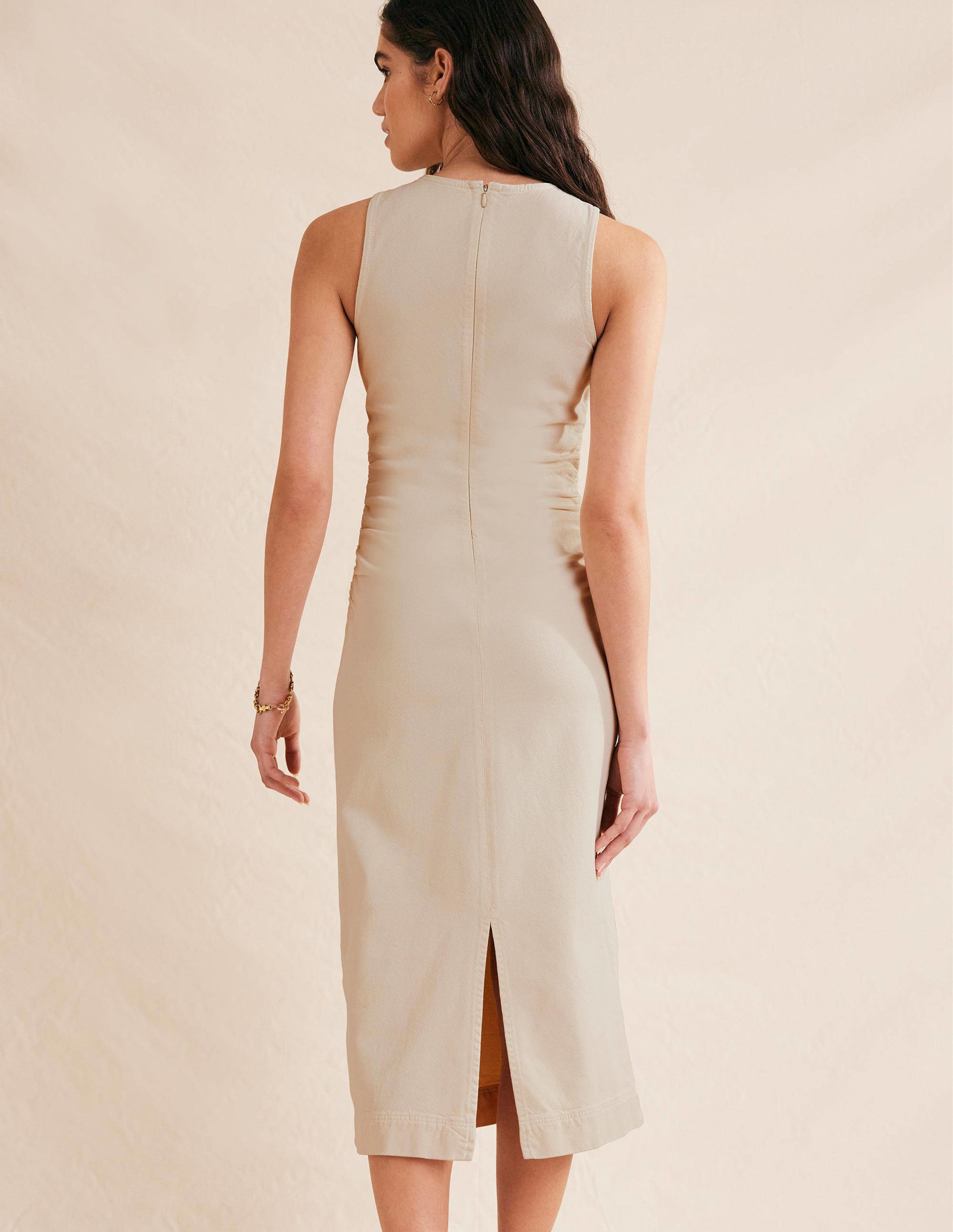 Side Ruched Column Midi Dress-Ecru Denim - Image 3