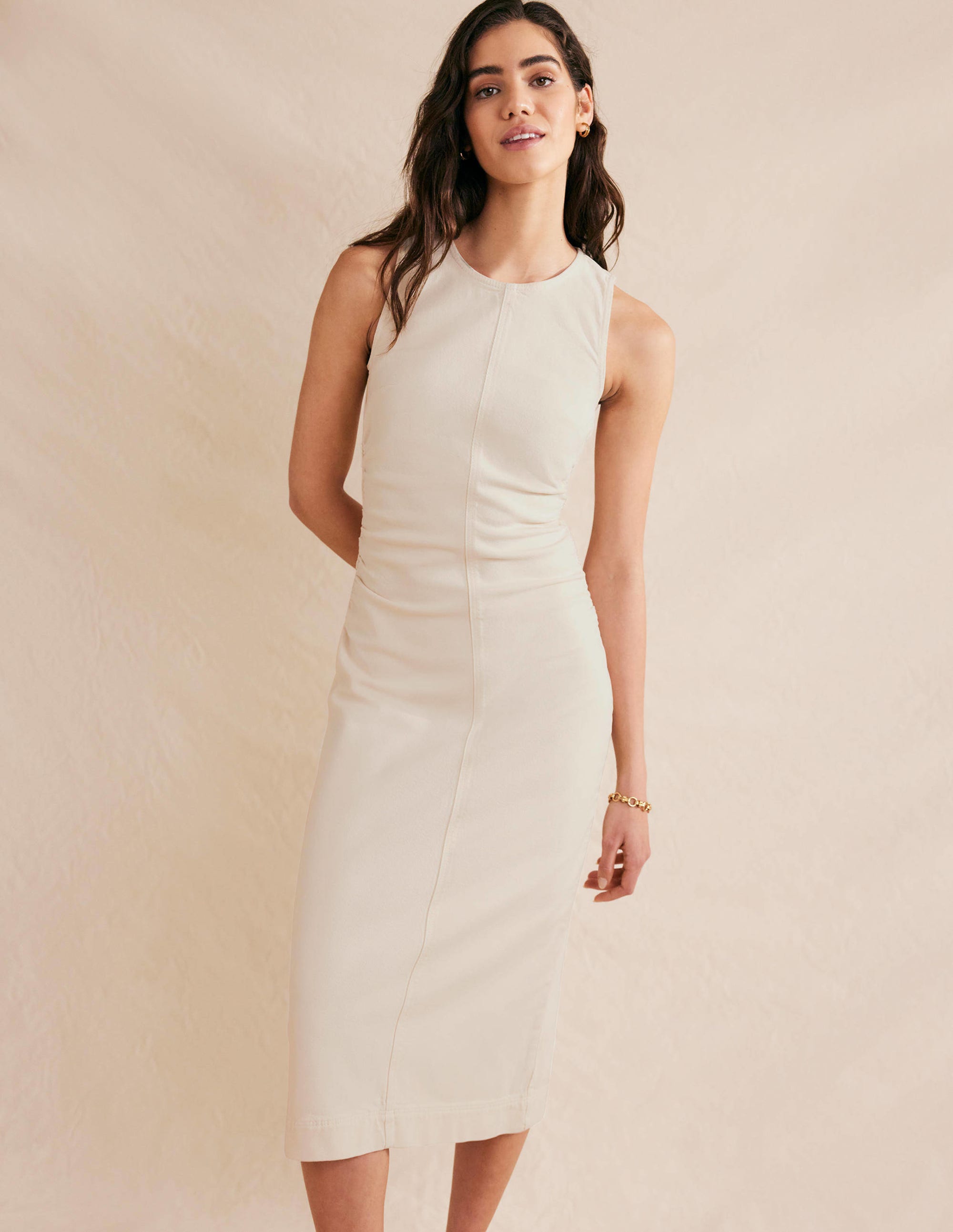 Side Ruched Column Midi Dress-Ecru Denim - Image 4