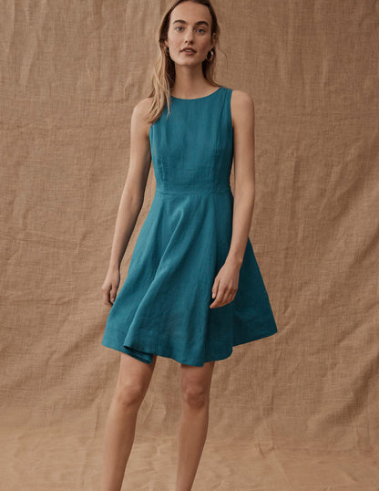 Ausgestelltes Minikleid aus Leinen-Petrol-7