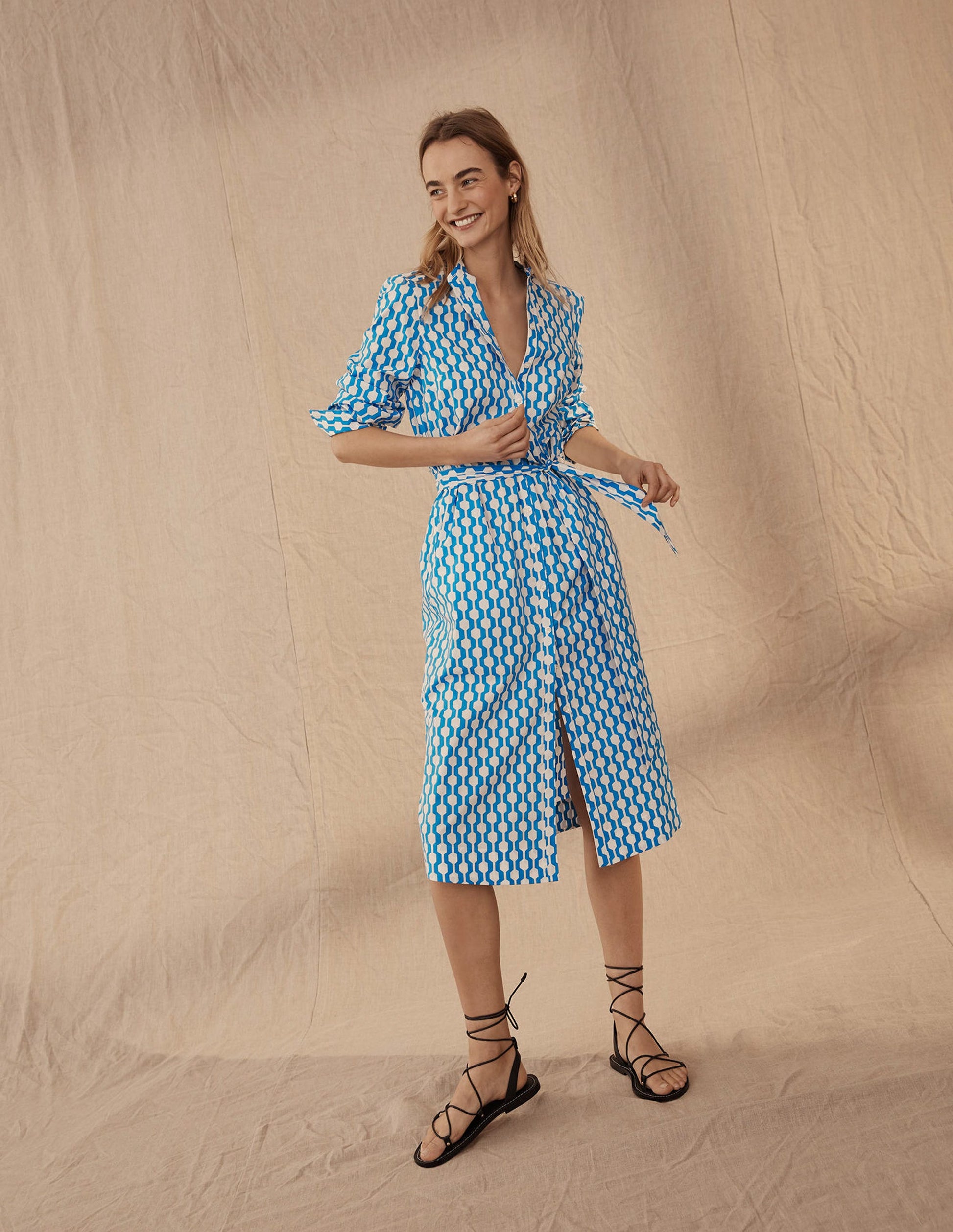 Midi-Hemdblusenkleid ohne Kragen-Marokkoblau, Geometrisches Muster-5