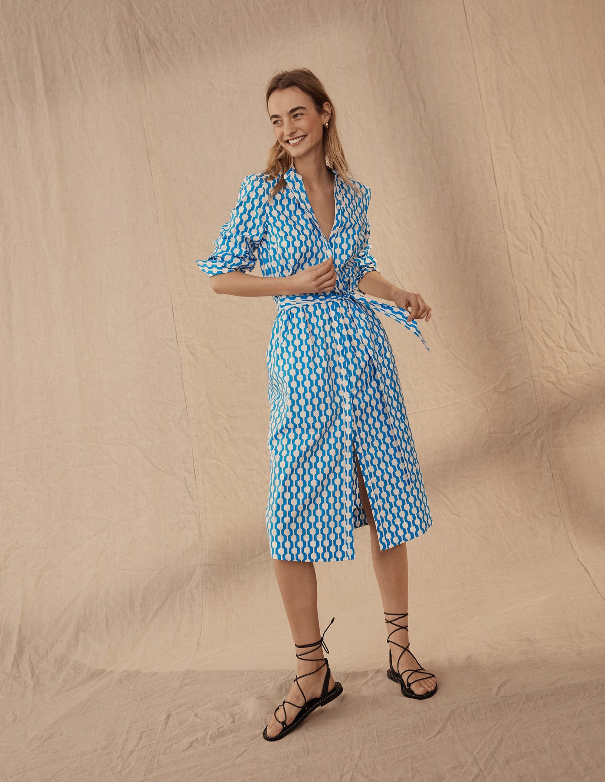 Midi-Hemdblusenkleid ohne Kragen-Marokkoblau, Geometrisches Muster - Image 5